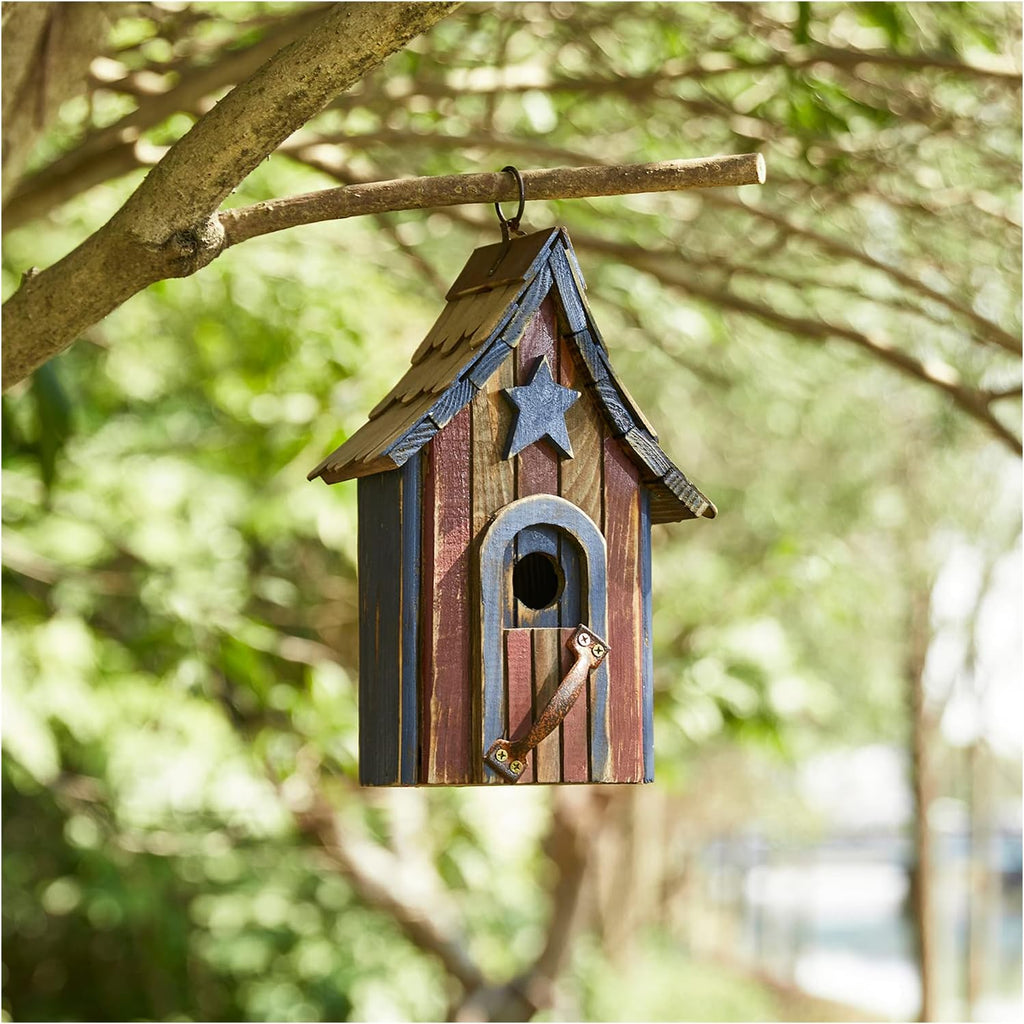Glitzhome Bluebird House for Outside, Patriotic USA Wooden Hanging Birdhouse Hummingbird House Garden Outdoors Bird House with Door Handle for Hummingbird,Sparrow,Wren Finch,Cedar - 11.75 Inch Height