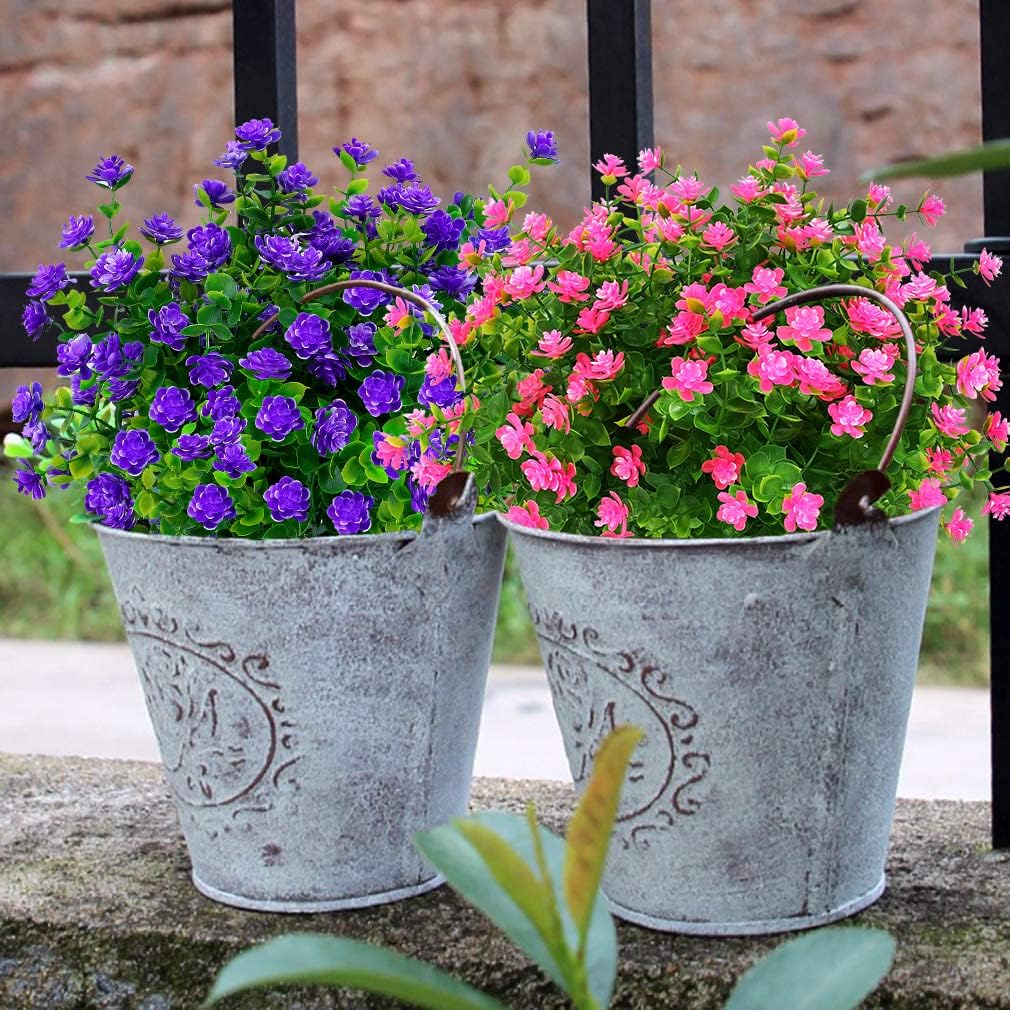 12 Bundles Outdoor Artificial Flowers UV Resistant Fake Boxwood Plants, Faux Greenery for Indoor Outside Hanging Plants Garden Porch Window Box Home Wedding Farmhouse Décor (Pink)