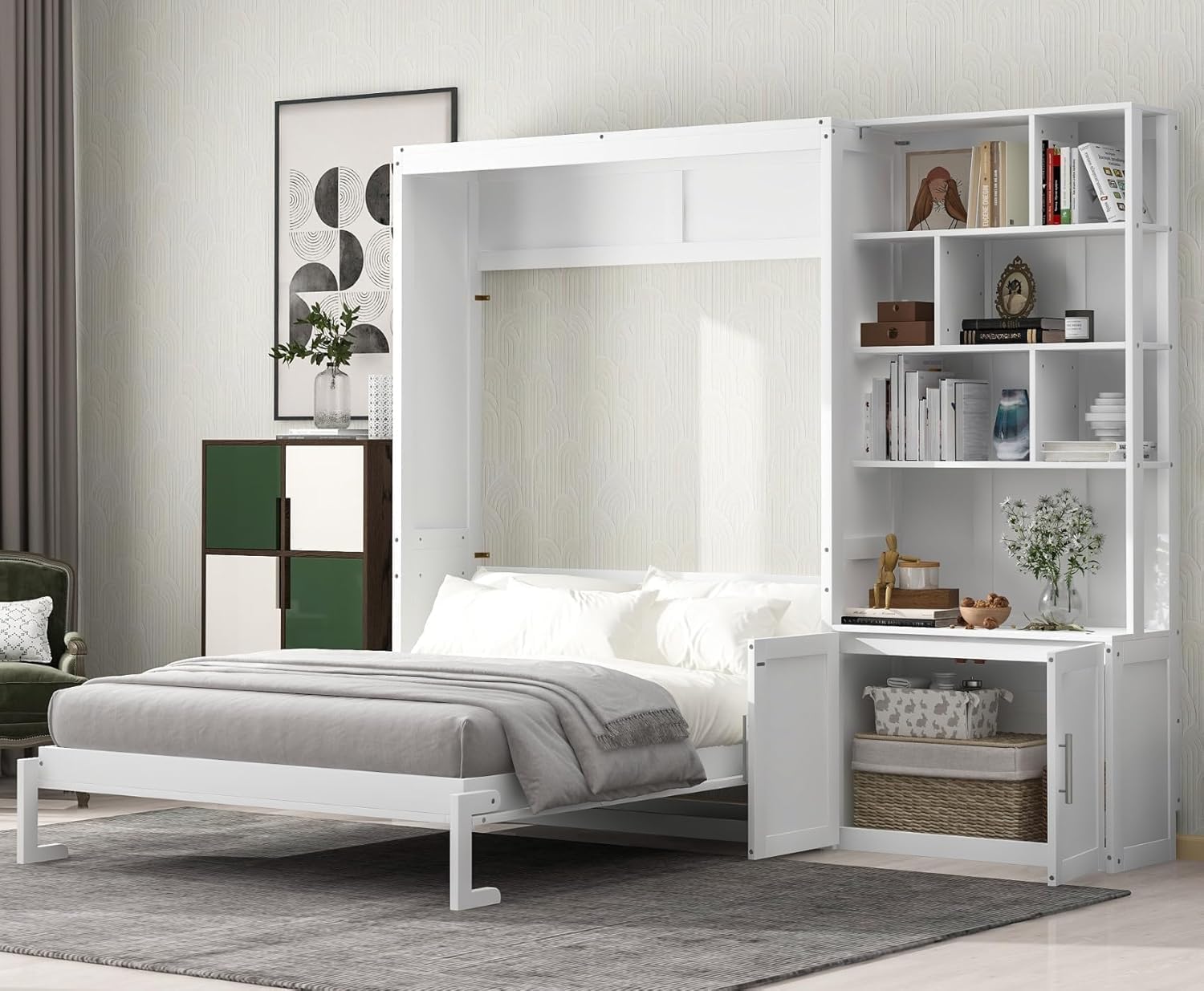 MERITLINE Full Murphy Bed with Storage Bookcase Shelves and Cabinet,Wood Folding Murphy Wall Bed Cabinet for Adults,White