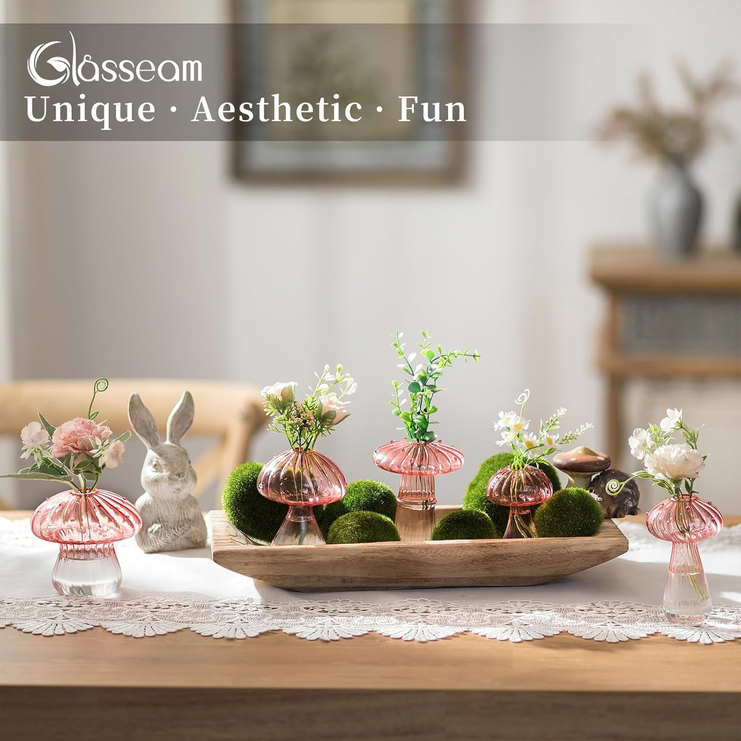 Glasseam Mushroom Plant Propagation Stations: Pink Glass Terrarium Jar Set of 5 Cute Planters for Indoor Plants Decorative Propagate Vase Unique Gifts for Women Home Office Decor