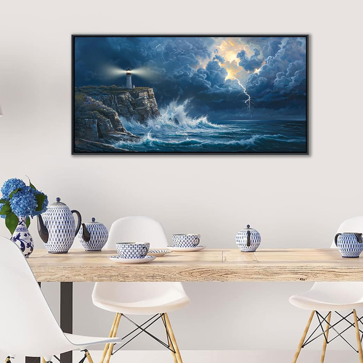 Coastal Wall Art Framed Ocean Canvas Painting Navy Blue Picture, Lighthouse Artwork for Dining Room,Living Room,Bedroom Decoration Can be Hung Directly Size 20x40 Inches