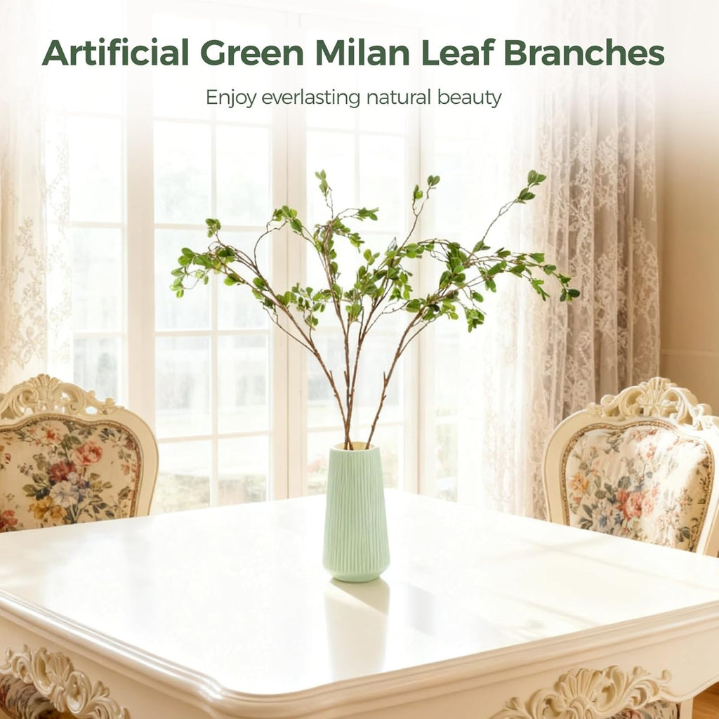 OMISTAR 6 Pcs Artificial Plants Green Milan Leaf Branches, 45 in Faux Greenery Stems for Vase, Bendable Branches, Realistic Green Leaves for Home Decor, Indoor Outdoor