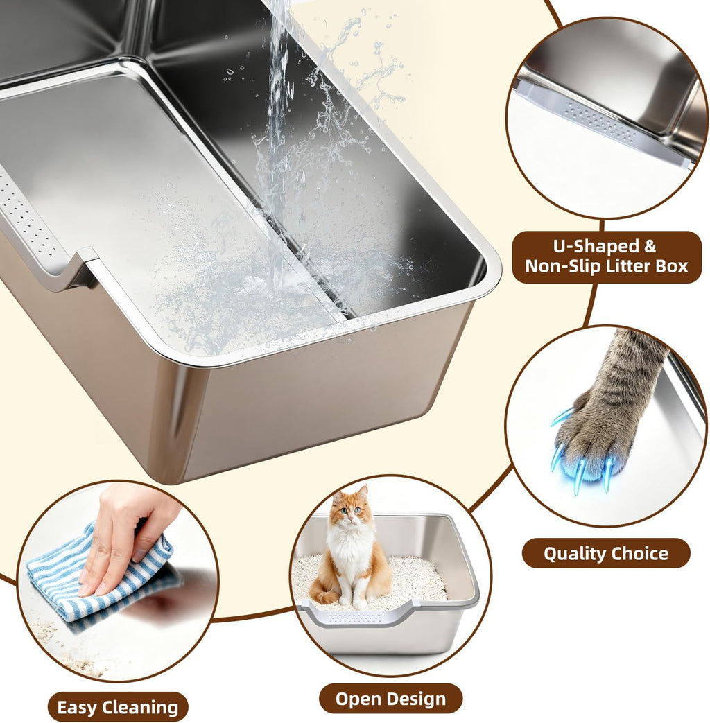 Stainless Steel Cat Litter Box, Large Metal Cat Pan Box, 6 Inch High Sides Low Entry Kitten Litter Boxes, Litter Pan for Older Cats, Easy Cleaning, Non Stick, No Smell, 17.7" x 13.8", Gray