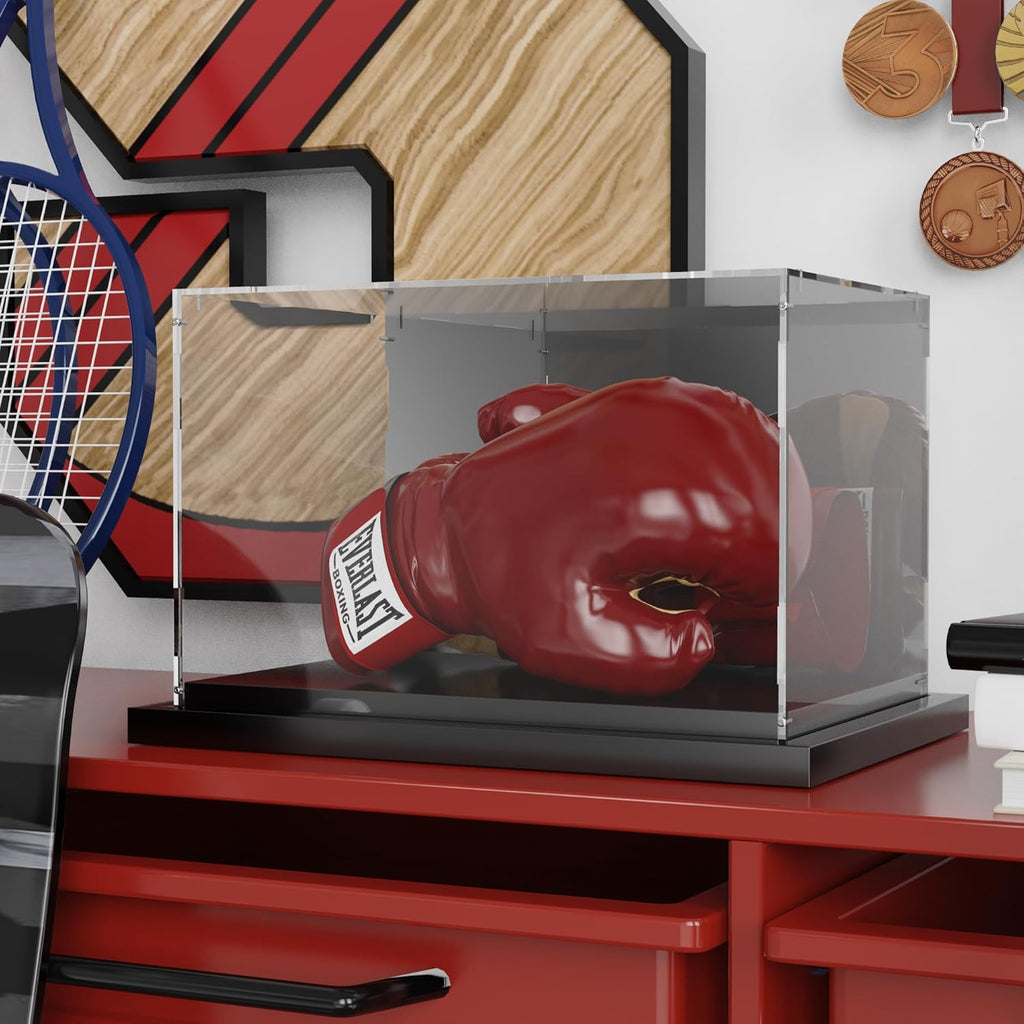 Putros Boxing Glove Display Case with Mirror and Black Metal Grooved Base Clear Acrylic Display Case Full Size Holder Showcase for Baseball Mitt