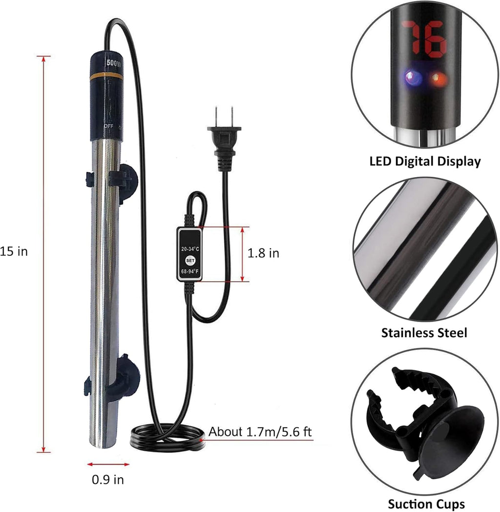 Aquarium Heater, 500W Submersible Fish Tank Heater Underwater Turtle Water Warmer for 40-90 Gallon Tank with with Intelligent LED Temperature Display and External Temperature Controller