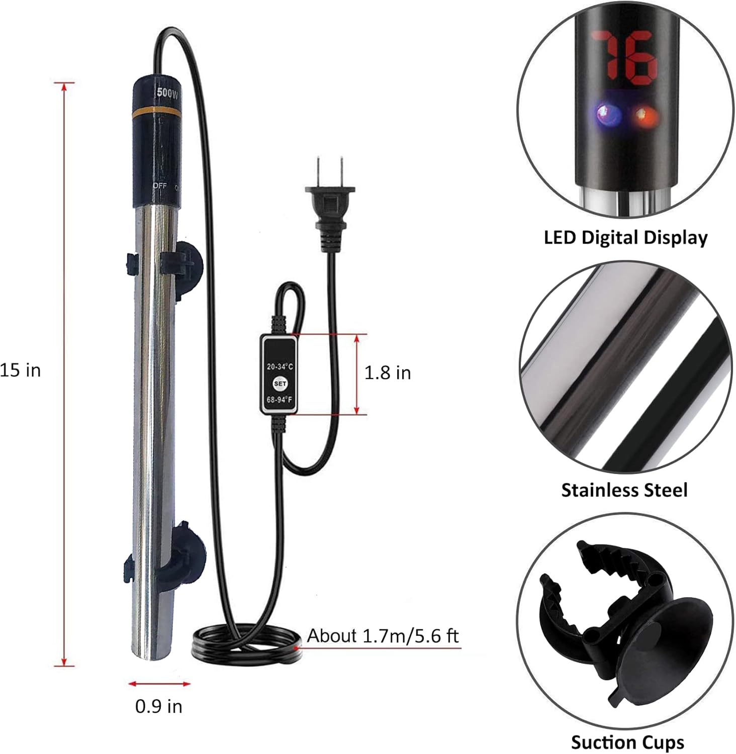 Aquarium Heater, 500W Submersible Fish Tank Heater Underwater Turtle Water Warmer for 40-90 Gallon Tank with with Intelligent LED Temperature Display and External Temperature Controller