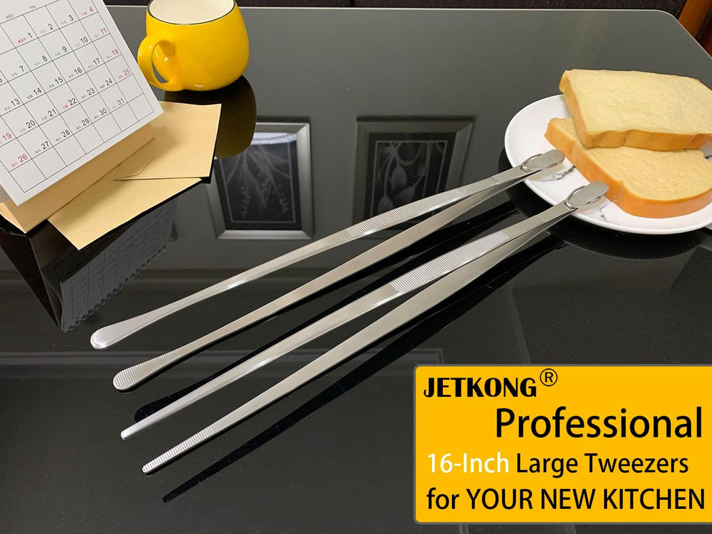 JETKONG 2 Pcs 16-Inch Kitchen Tweezers Extra Long Tweezer Tongs, Heavy Duty Stainless Steel Cooking Tweezers (Silver)