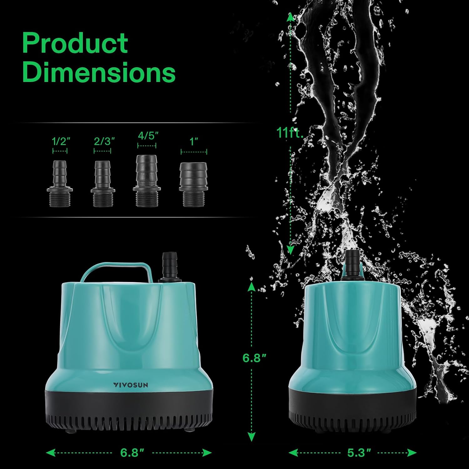 VIVOSUN 1150GPH 100W Submersible Pump for Fish Tank, Pond, Aquarium, Hydroponic Systems with 5ft Power Cord and 4 Nozzles Blue