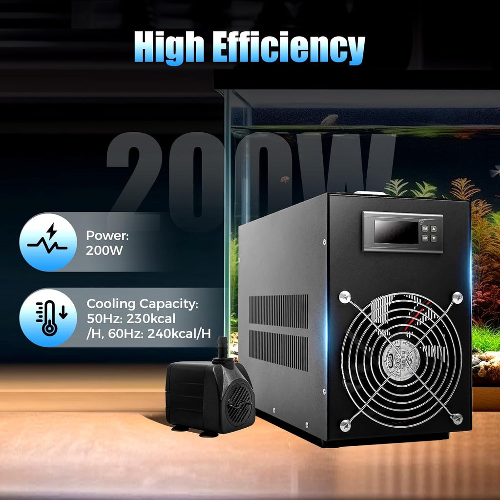 60L/15.85Gal Aquarium Chiller, 200W Low Noise Fish Tank Water Cooler with Power Cord ＆ Water Tube for Axolotl Coral Jellyfish (60L/15.85Gal)