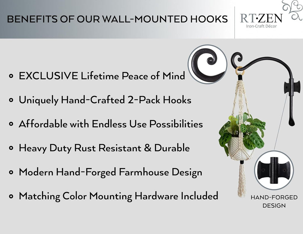RTZEN Plant Hangers Indoor or Outdoor - Wrought Iron Metal Hanger Indoor Hook - Heavy Duty Wall Bracket Hooks for Hanging Plants Baskets Lanterns Wind Chimes - 2 Pack (Black Axe-Shape Hooks)