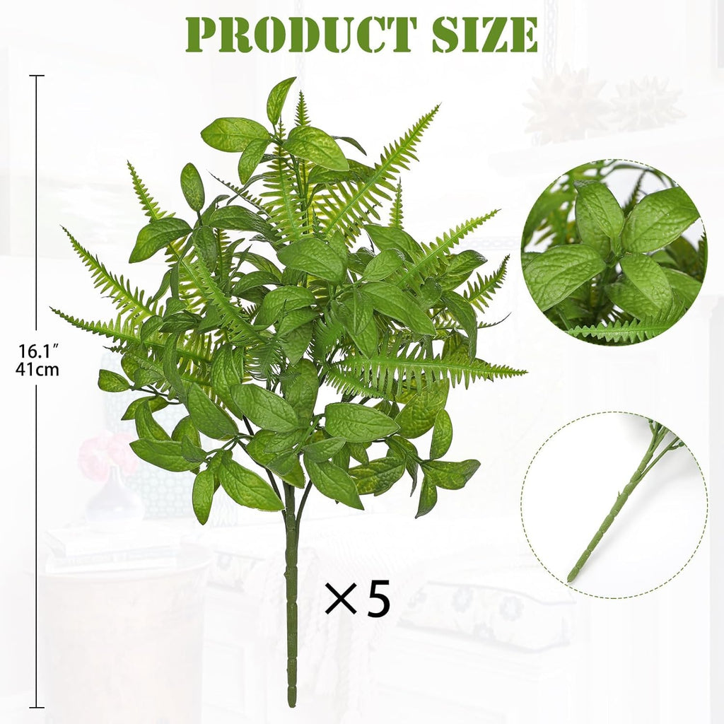 Artificial Fern Mint Leaves Stems Mix Plants 5pcs Realistic UV Resistant Fake Greenery Plants and Branches for Decor Home Indoor Outdoor Garden