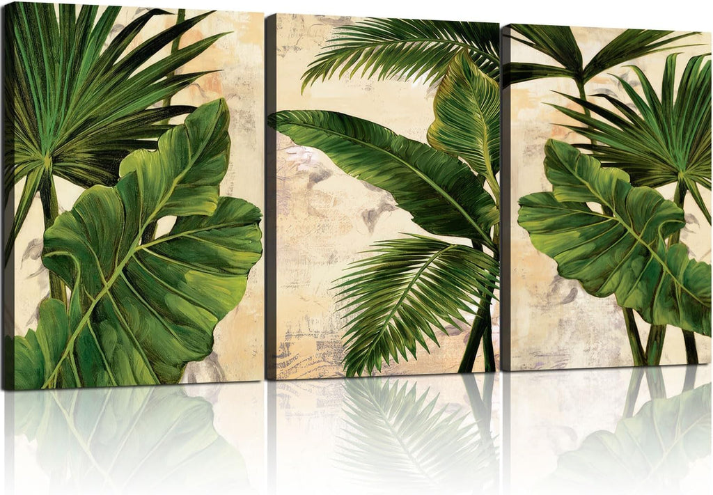 3pcs Framed Palm Leaves Banana Leaf Tropical Plants Wall Art Decor Canvas Print Nature Style Home Greenery Pictures Poster Gallery Bedroom Living Room Studio 12x16 Inch Ready to Hang