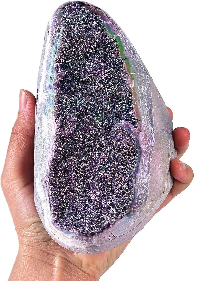 JIC Gem Rainbow Aura Titanium Coated Amethyst (2 lb to 3 lb) Crystal Cluster from Brazil Quartz Geode Gemstone Home Decor