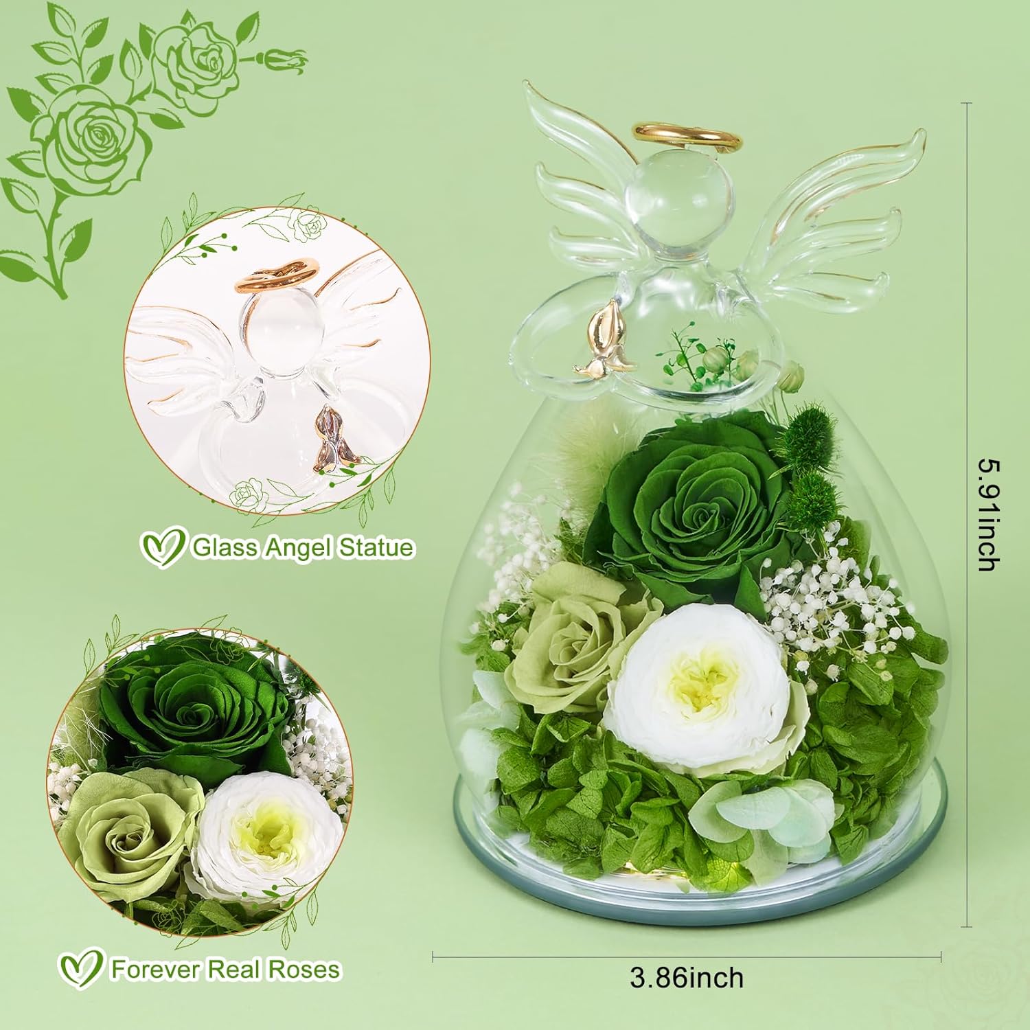 FIACO Gifts for Women Birthday Preserved Rose Forever Flower in Glass Angel Figurines Fresh Flowers for Delivery Prime for Mom Real Green Roses for Grandma Sister Wife Her from Daughter