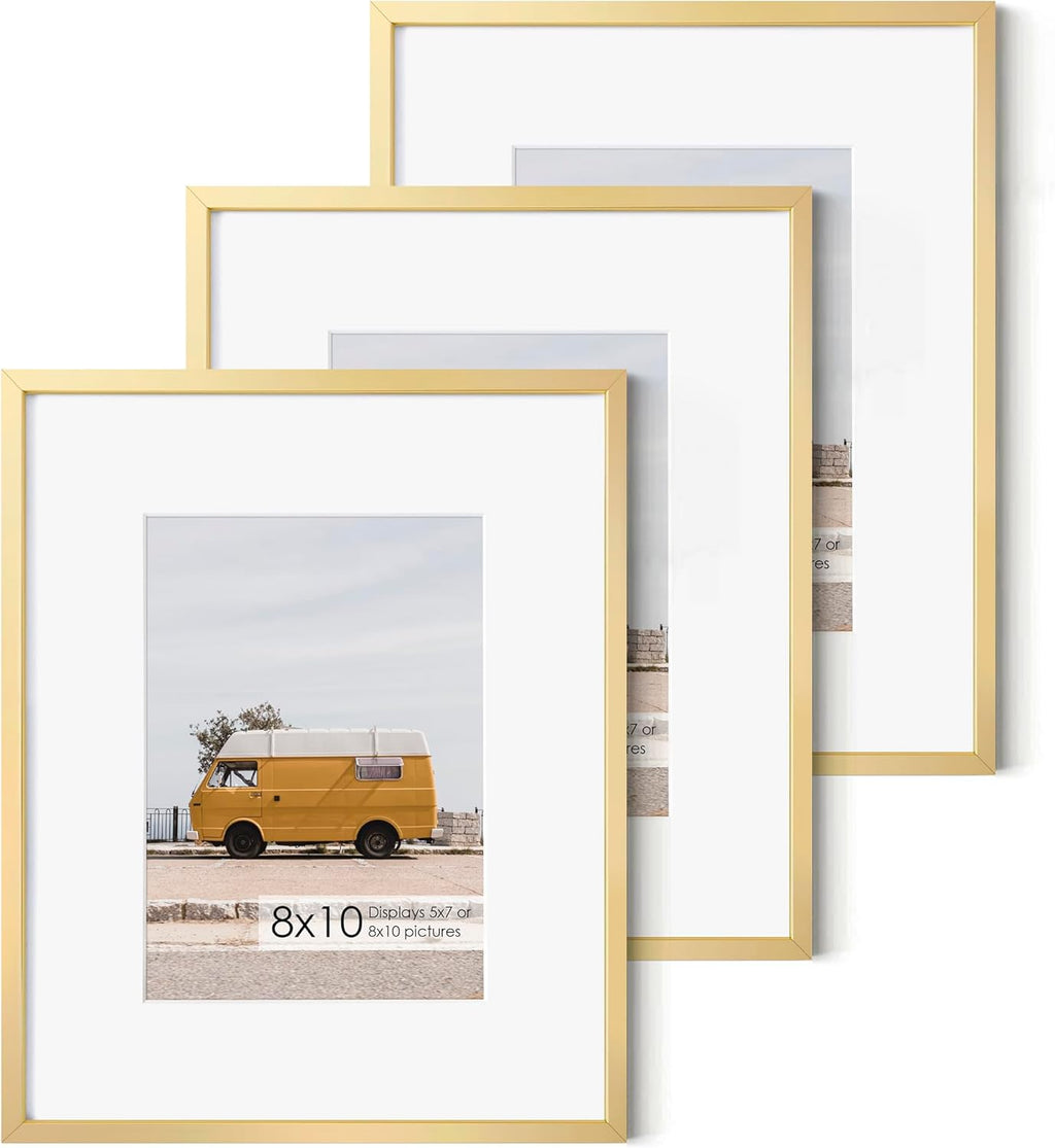 Fun Memories 8x10 Inch Metal Picture Frame - Aluminum Photo Frames - 5x7 Mat - Ideal for Wall or Tabletop Display - Wall Hook Hanging Hardware Included - Set of 3 - Glod