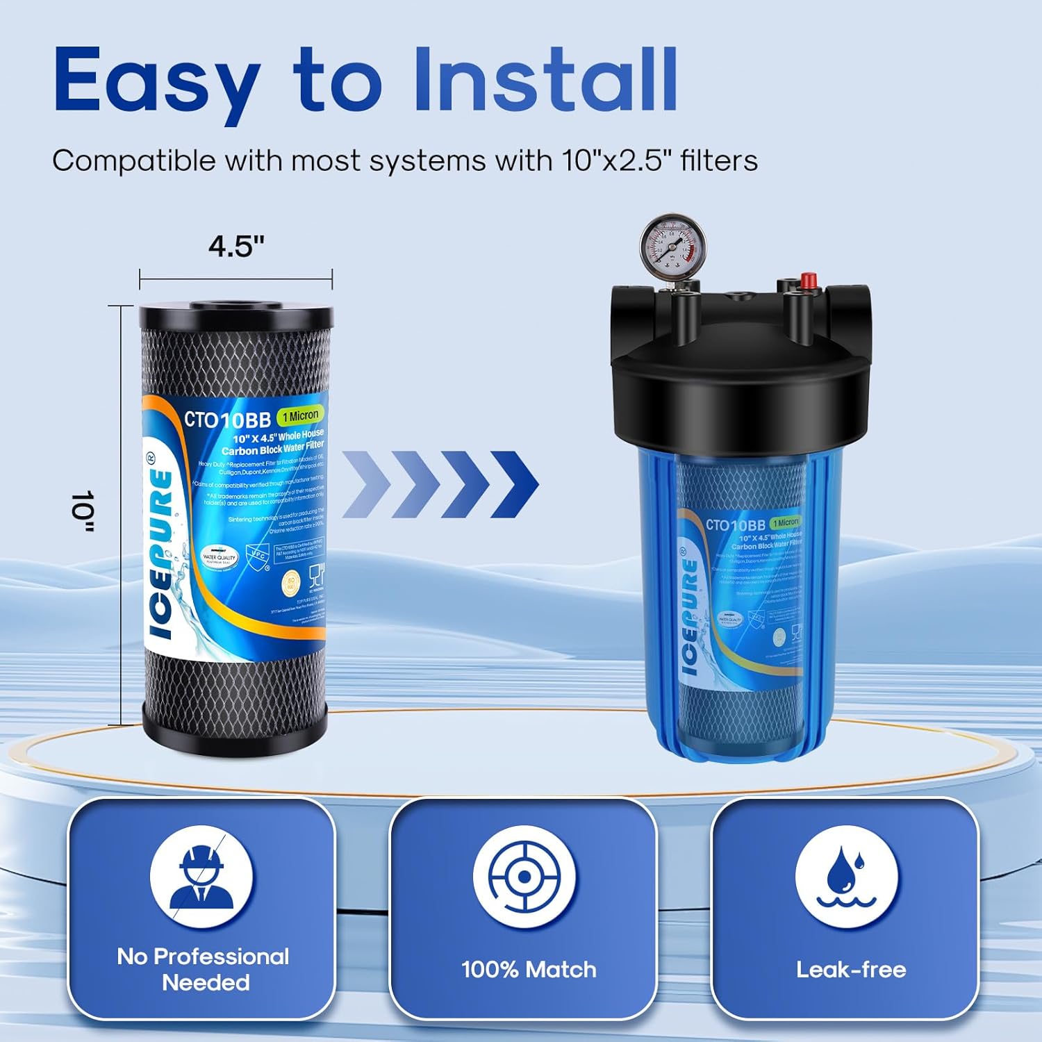ICEPURE 10"X4.5",1 Microns Whole House Sediment Activated Carbon Water Filter Compatible with Dupont WFHDC8001, EP Series,EPM Series, CB-BB-10, GE FXHTC, GXWH40L, GXWH35F, GNWH38S, CTO10BB,2PACK