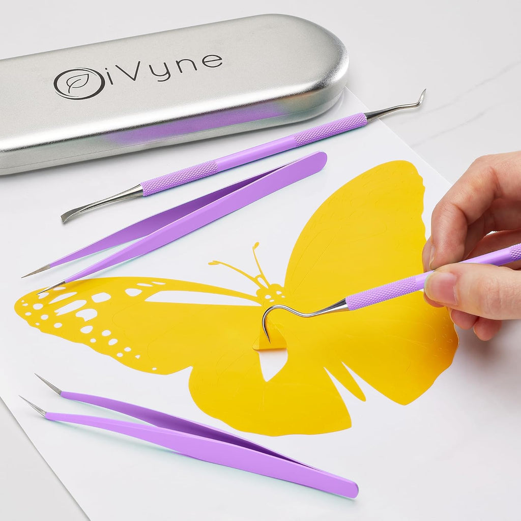Premium Vinyl Weeding Tool Kit - Precision Stainless Steel Weeder - Hook and Pick with Fine Tweezers Crafting Set for Cricut Vinyl - by iVyne (Purple)