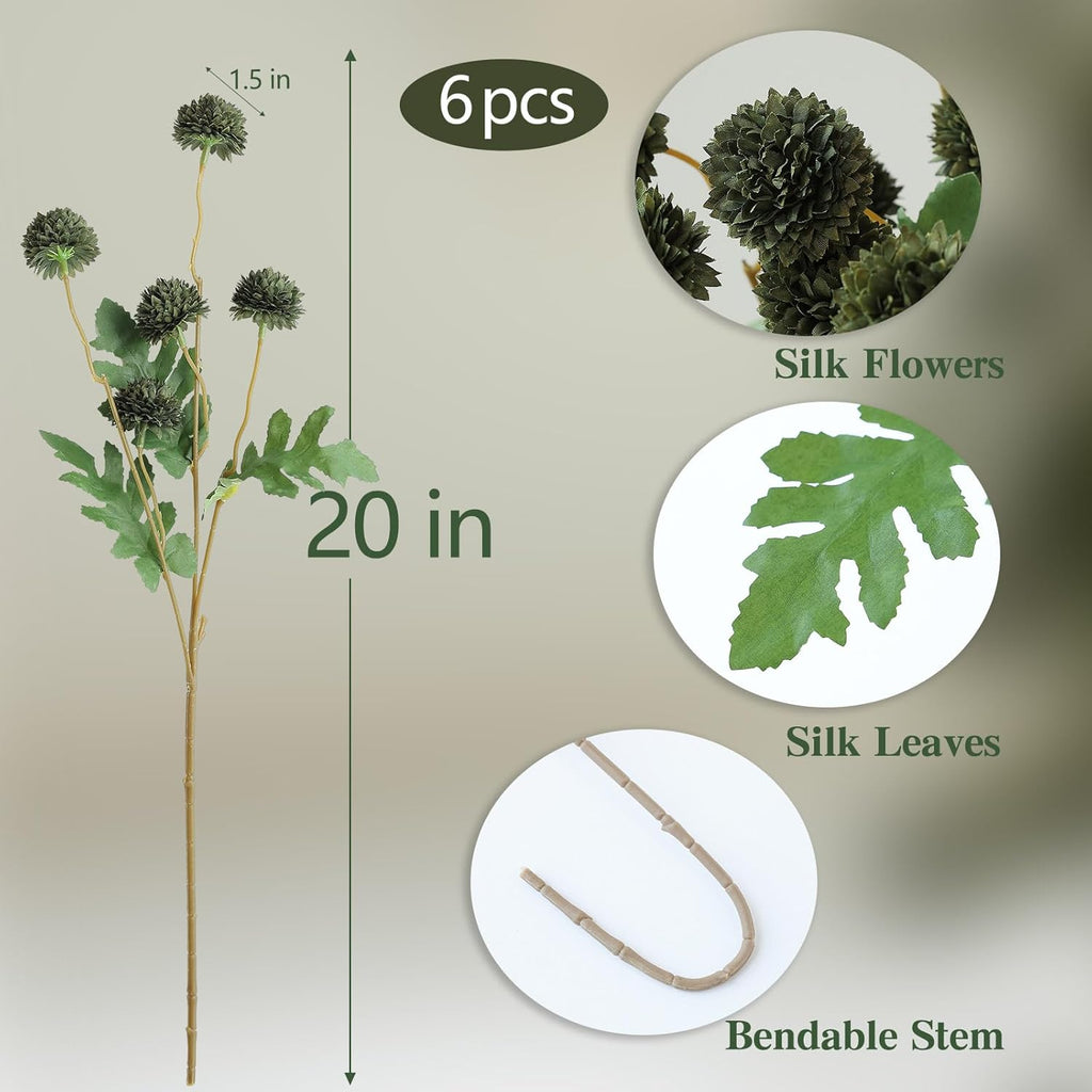 Mizii 6Pcs Green Fake Silk Pompon Mum Artificial Flowers Bulk Small Faux Chrysanthemums with Stems Realistic Floral Decorations for Wedding DIY Bouquet Centerpieces Shower Vase Home Decor (Dark Green)