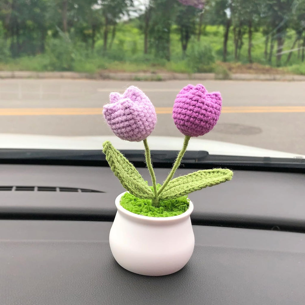 Crochet Flowers Cute Little Potted Flower, Gift for Birthday, Teacher’s Day, Graduation, Anniversary, Christmas, Decor for Car Dashboard,Home Office Decoration (Purple Gradient Tulips)