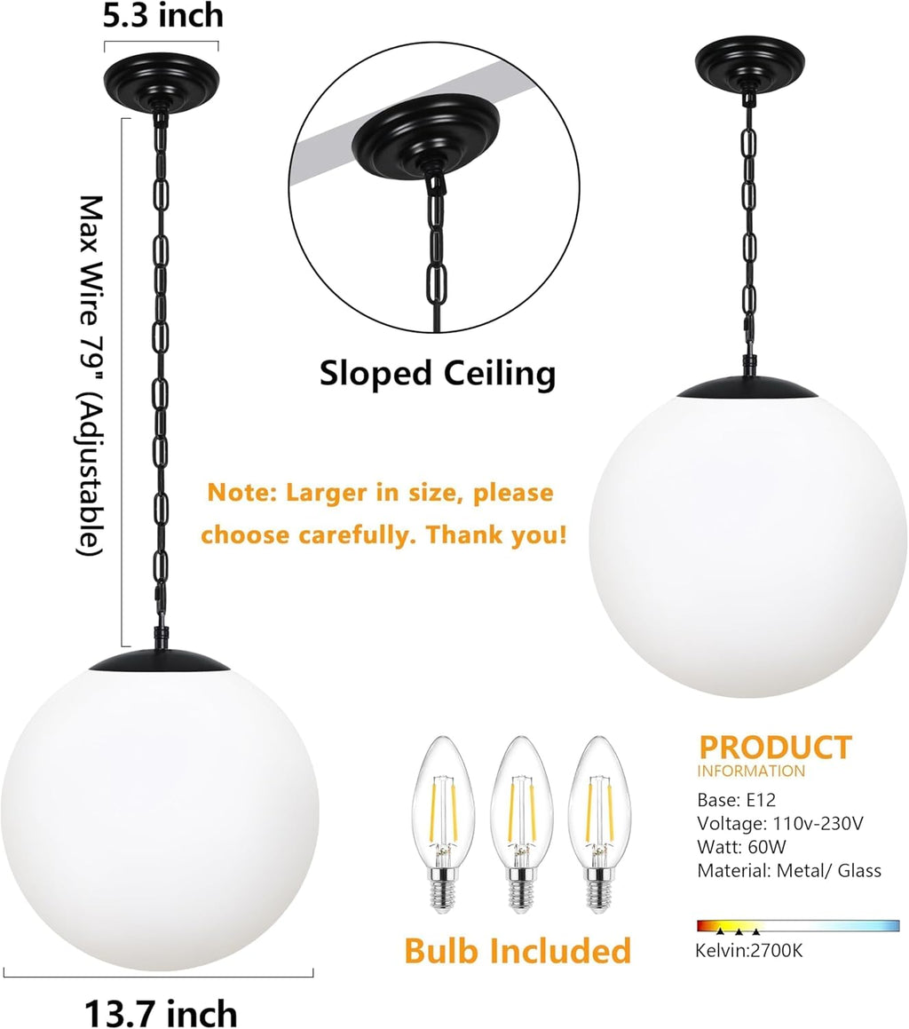 KoKo&Yukina 13.7" Black Globe Pendant Light Mid Century Pendant Light Milk Glass Pendant Lights Kitchen Island Adjustable Hanging Light Fixture for Dining Room Bedroom Kitchen Island