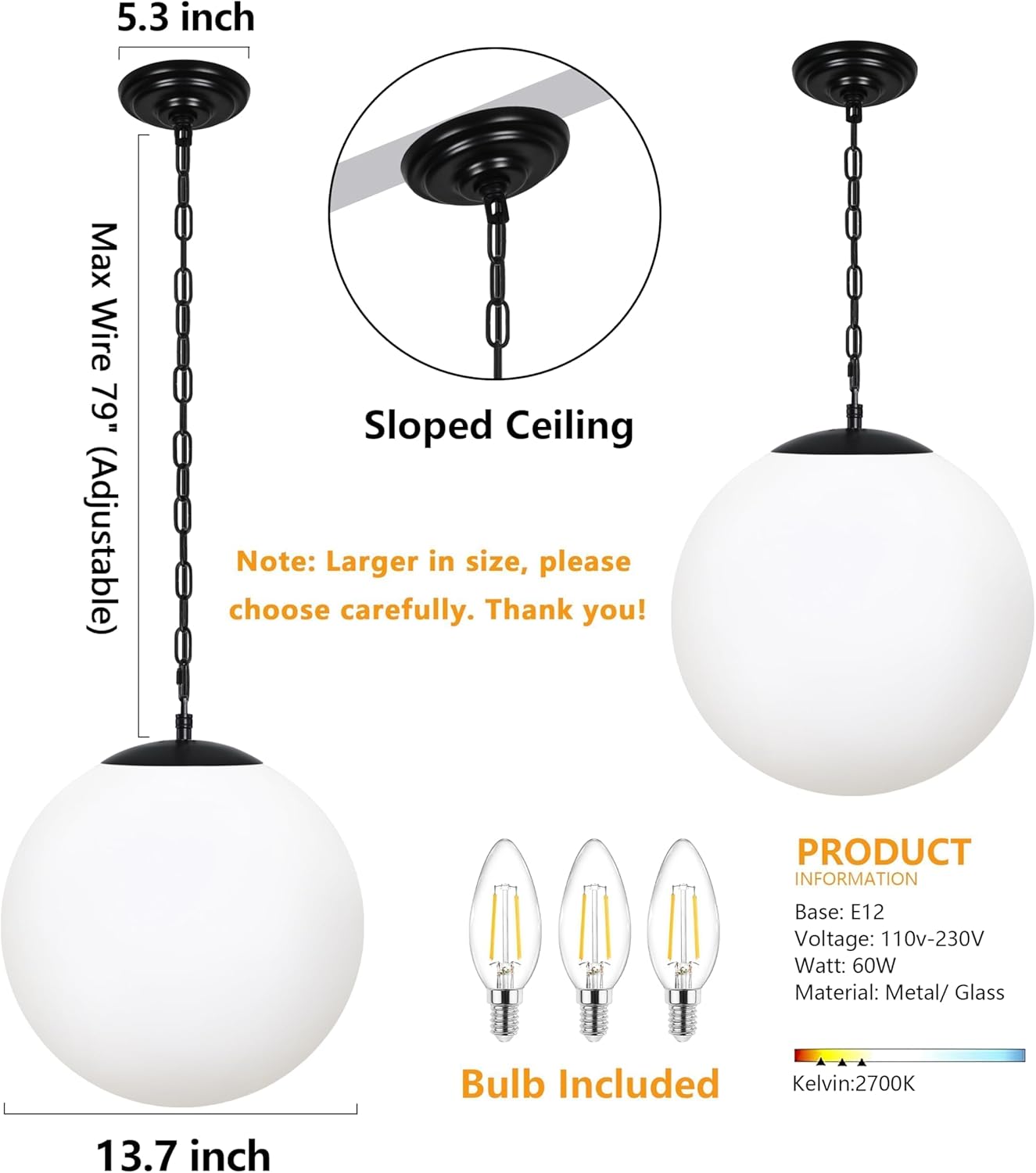 KoKo&Yukina 13.7" Black Globe Pendant Light Mid Century Pendant Light Milk Glass Pendant Lights Kitchen Island Adjustable Hanging Light Fixture for Dining Room Bedroom Kitchen Island