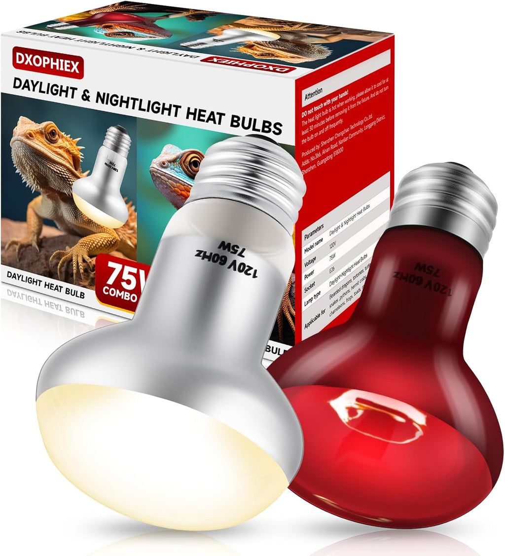 DXOPHIEX 2 Pack 75W Reptile Heat Lamp Bulbs Reptile Heat Bulbs, UVA Basking Bulb and Infrared Light Bulb Combo, Basking Light for Bearded Dragon, Turtles, Snake and Lizard