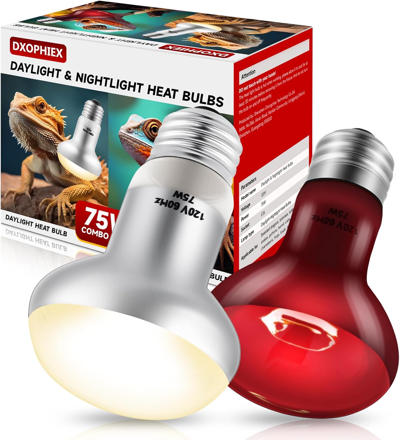 DXOPHIEX 2 Pack 75W Reptile Heat Lamp Bulbs Reptile Heat Bulbs, UVA Basking Bulb and Infrared Light Bulb Combo, Basking Light for Bearded Dragon, Turtles, Snake and Lizard