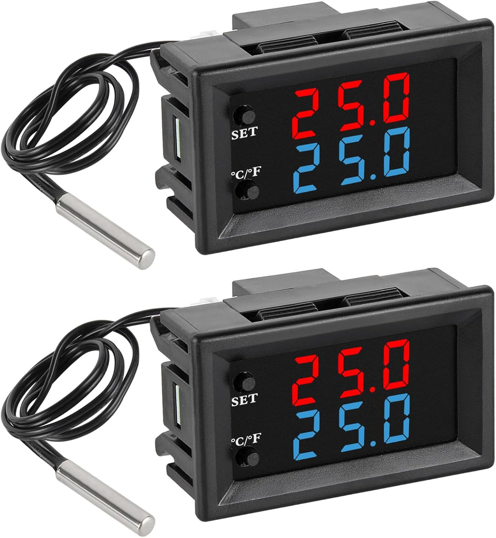 2PCS Digital Thermostat Controller -58F to 230F Programmable Heating Cooling Switch 12V DC with Waterproof NTC Sensor Dual Color LED Display for HVAC Aquarium