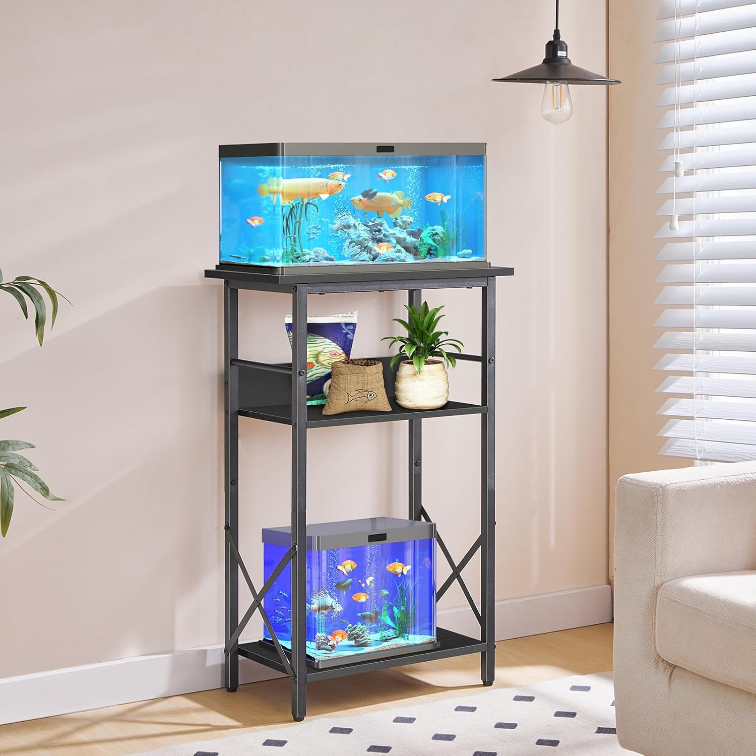HOOBRO 10 Gallon Aquarium Stand, 3-Tier Fish Tank Stand with Storage, Reptile Turtle Tank Stand with Metal Frame, 20.5" L x 11" W , Black BB52FT01