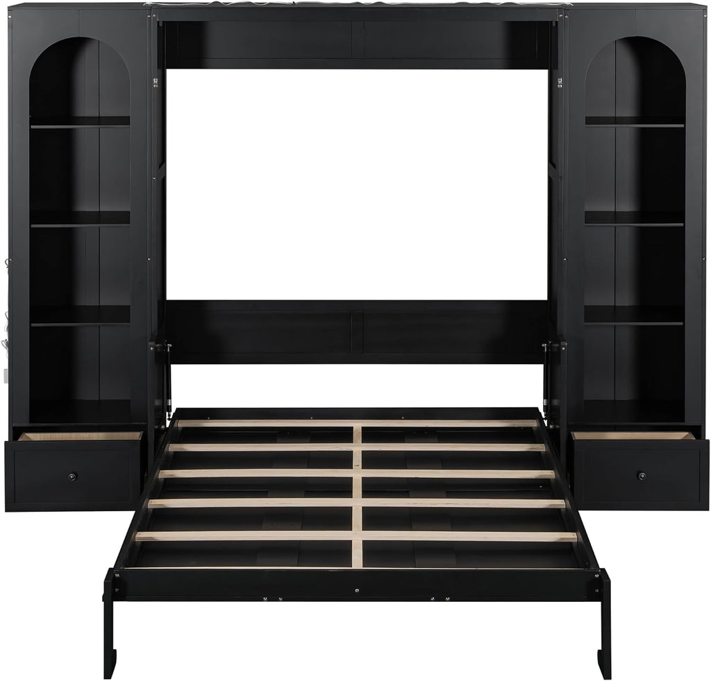 MERITLINE Queen Murphy Bed with Desk and Storage & LED Light, Solid Wood Hideaway Murphy Wall Bed with Storage Bookcase Shelves and Drawers for Adults (Black,Queen)