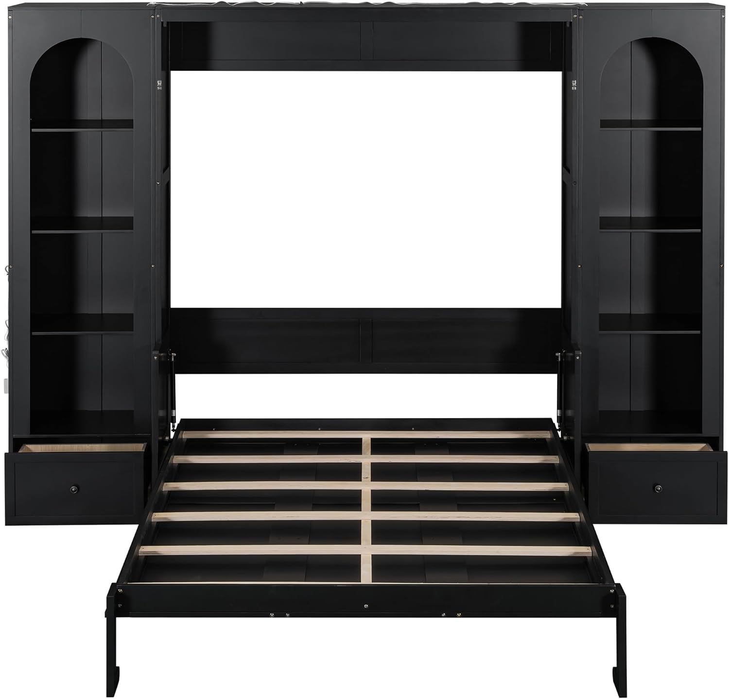 MERITLINE Queen Murphy Bed with Desk and Storage & LED Light, Solid Wood Hideaway Murphy Wall Bed with Storage Bookcase Shelves and Drawers for Adults (Black,Queen)