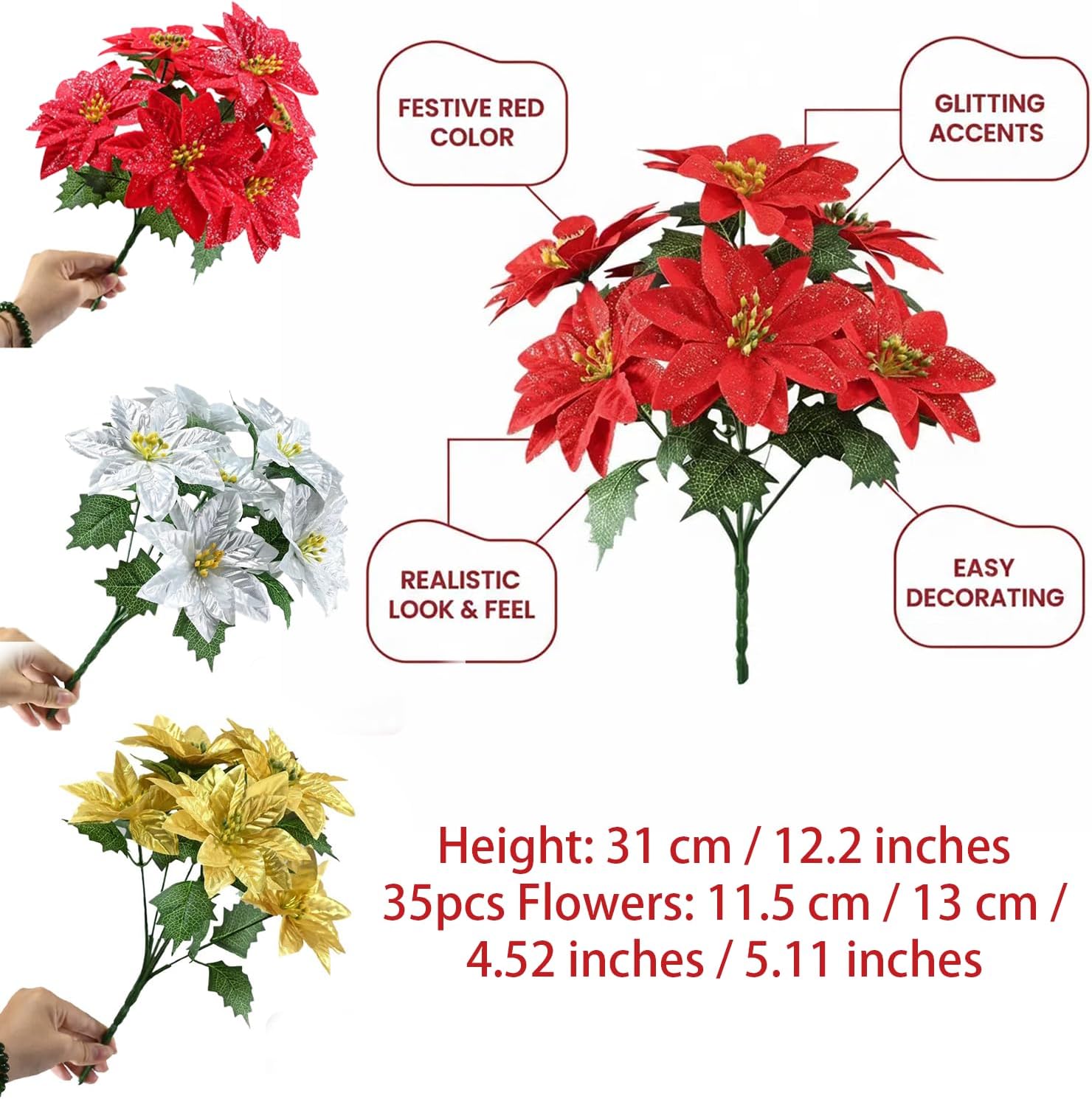 35 Bundles Poinsettias Artificial Christmas Bouquet, Large Mixed Bush Fake Velvet Poinsettia Bouquet Silk Flowers Arrangements for Christmas Cemetery Flowers for Grave Home Holiday Indoor Outdoor