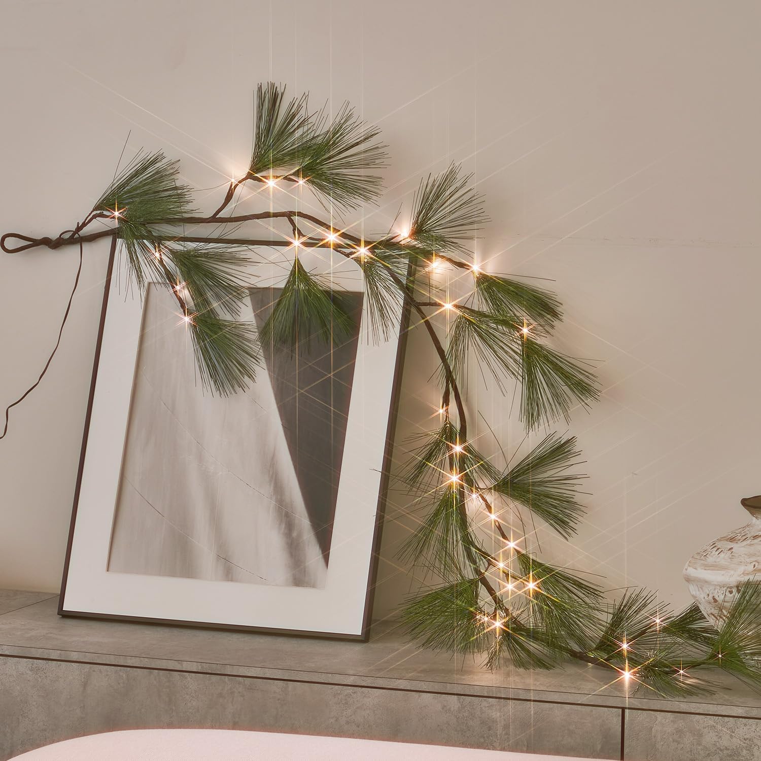 Fudios Lighted Christmas Pine Garland with Timer 6 FT Battery Operated or USB Plug, Artificial Greenery Garland Lights Home Holiday Fireplace Mantle Decor