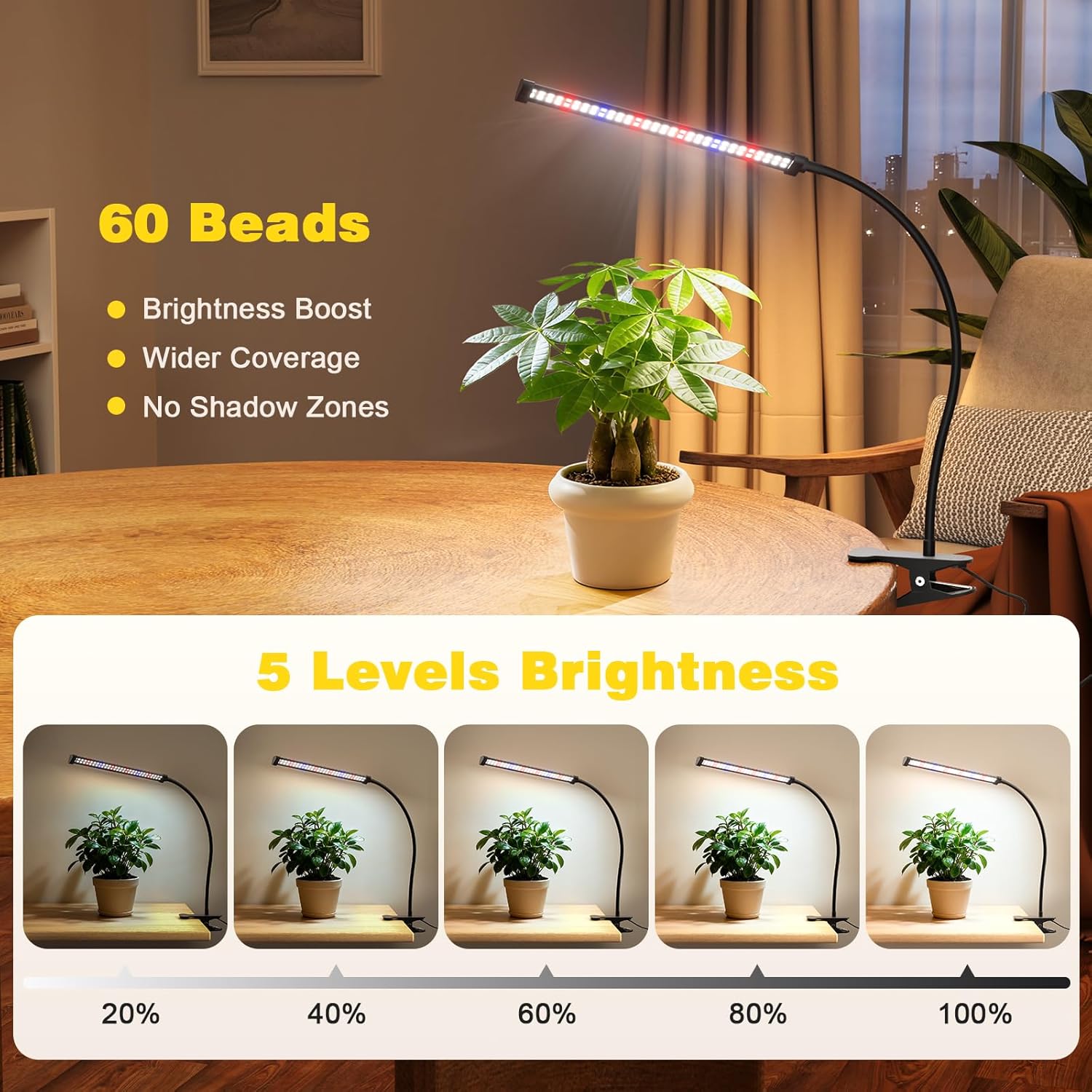LED Grow Light, 5700K Full Spectrum Clip Plant Growing Lamp with White Red LEDs for Indoor Plants, 5-Levels Dimmable, Auto On Off Timing 4/8/12/18Hrs(Single Head)