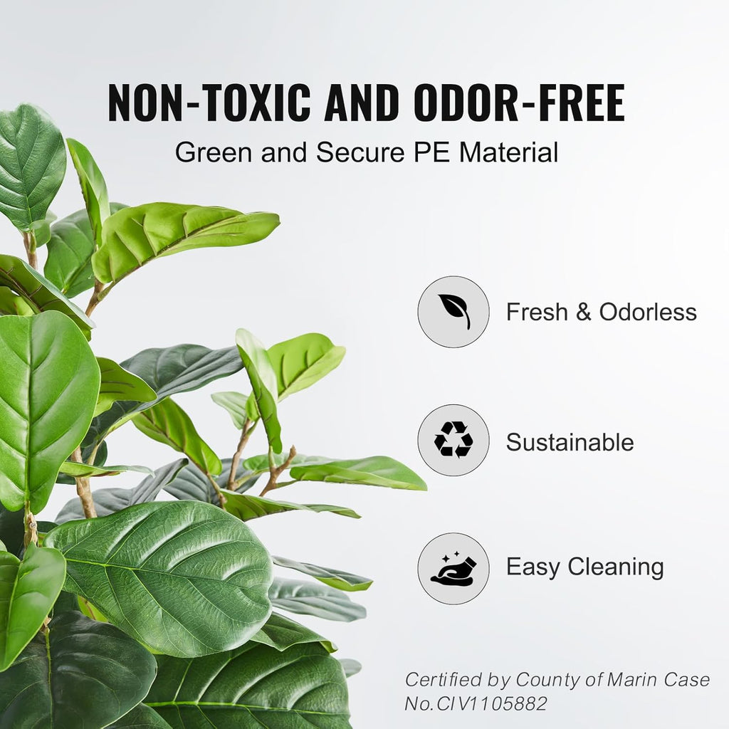 VEVOR Artificial Fiddle Leaf Fig Tree 6 FT, Secure PE Material & Anti-Tip Tilt Protection Low-Maintenance Faux Plant, Lifelike Green Fake Potted Tree for Home Office Warehouse Decor Indoor Outdoor
