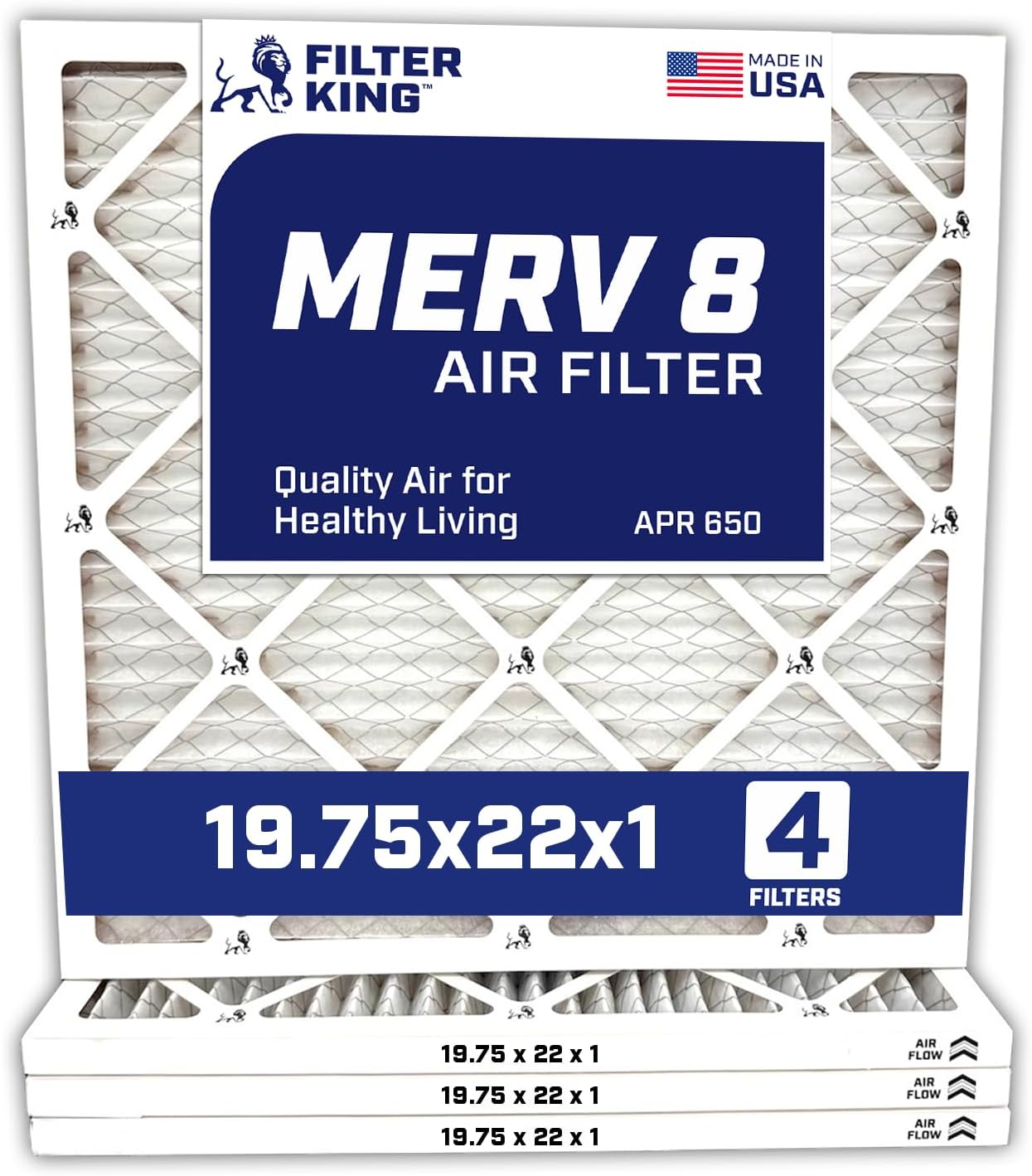 Filter King 19.75x22x1 Air Filter | 4-PACK | Carbon MERV 8 HVAC Pleated A/C Furnace Filters | MADE IN USA | Actual Size: 19.75 x 22 x .75"