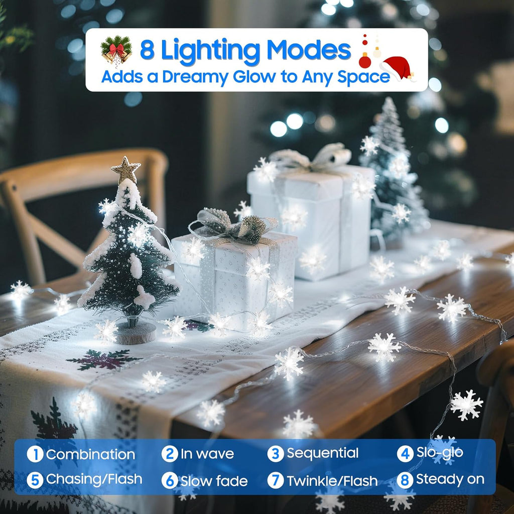 Christmas Lights, 20FT 40 LED Snowflake String Lights Battery Operated, Rechargeable Fairy Lights Battery Operated with 8 Modes for Bedroom Patio Room Party Xmas Tree Decor Home Decorations,Cool White