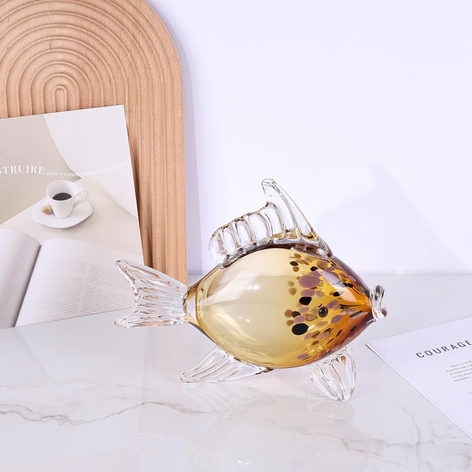 LCCCK Large Hand Blown Glass Fish Figurines, Aquarium Sea Glass Art, Fish Statue Sculpture Modern Coastal Accent - for Beach Knick Knacks, Coffee Tables, Nautical Offices Centerpiece (Gold)