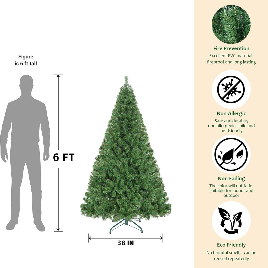 6FT Artificial Christmas Tree, Full Unlit Green Christmas Tree with Premium PVC Branches, Realistic Look, Sturdy Metal Stand, Indoor Fake Xmas Tree for Home Office Shops