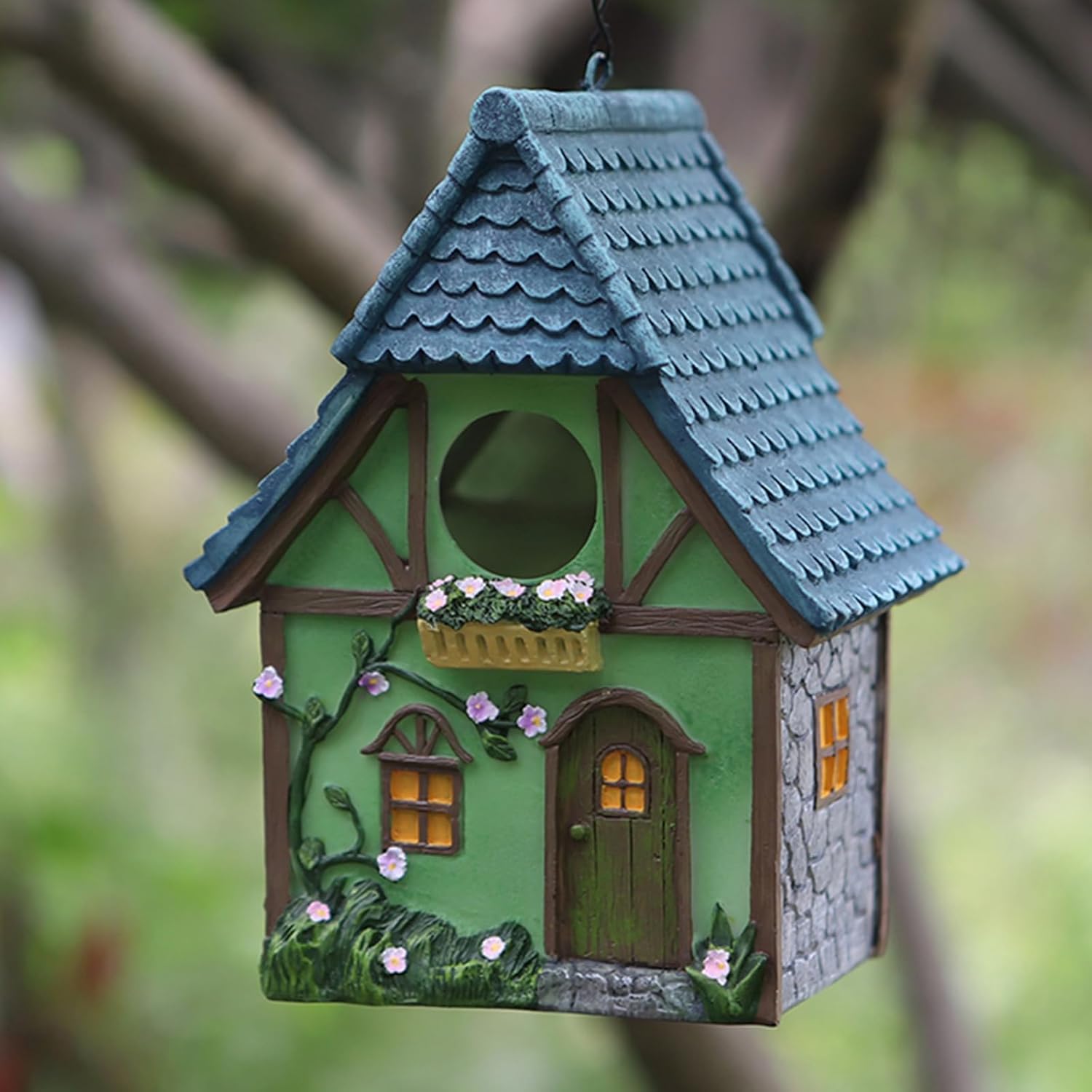 Bird Houses for Outside Cottage Garden Birdhouse –Green Resin Bird Houses with Flower and Stone Details for Hummingbird Finches Cardinals Bird Nesting Garden, Patio, Yard