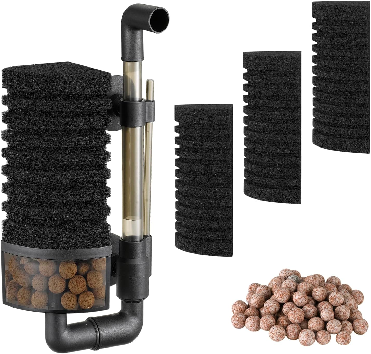 Carefree Fish Aquarium Filter Sponge Fish Tank Quiet Bubble Filter with 3 Sponges and 1 Bag of Filtered Ceramic Balls for Salt Water and Fresh Water(not Included Air Pump)