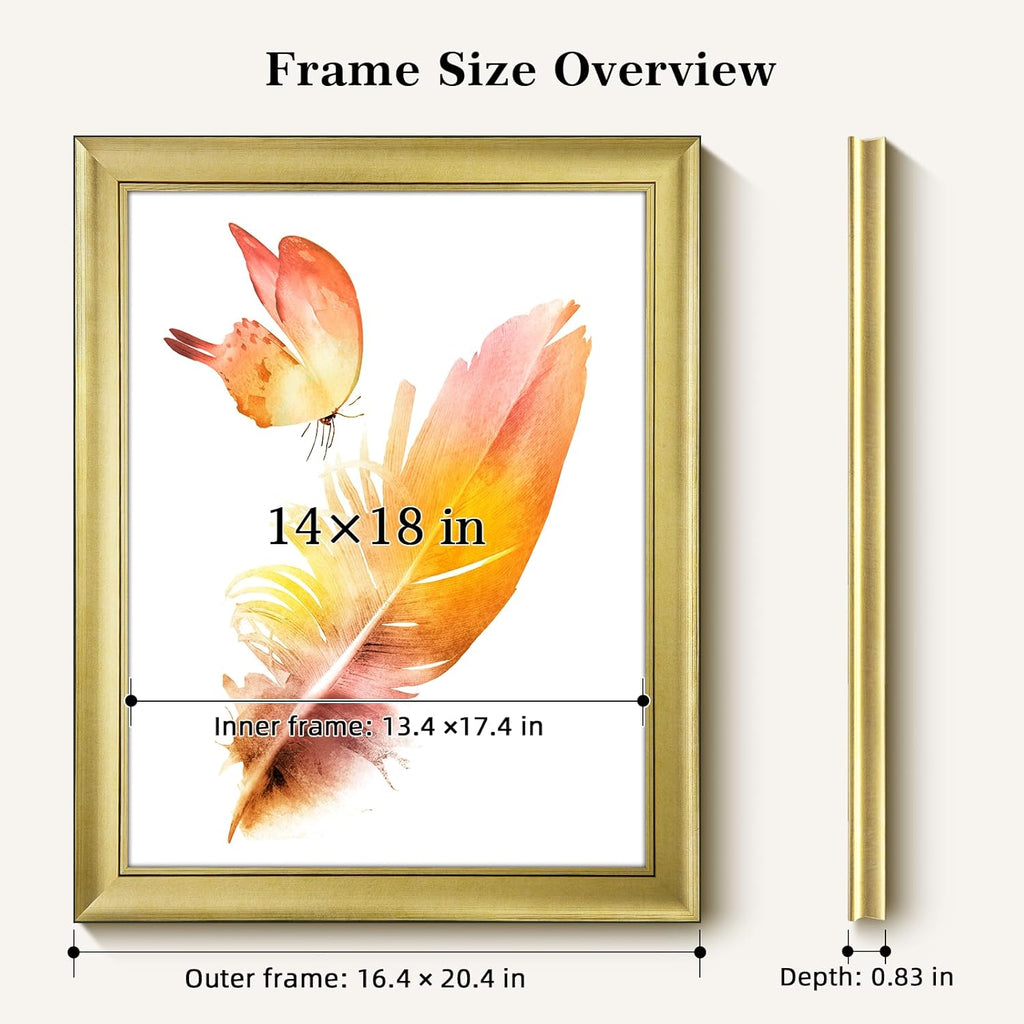HLiWEGNS Brushed Gold 14x18 Frame – Poster Frame with Brushed Gold Finish – Picture Frame for 14 x 18 Artwork, Canvas Prints, Puzzles, and Wall Decor