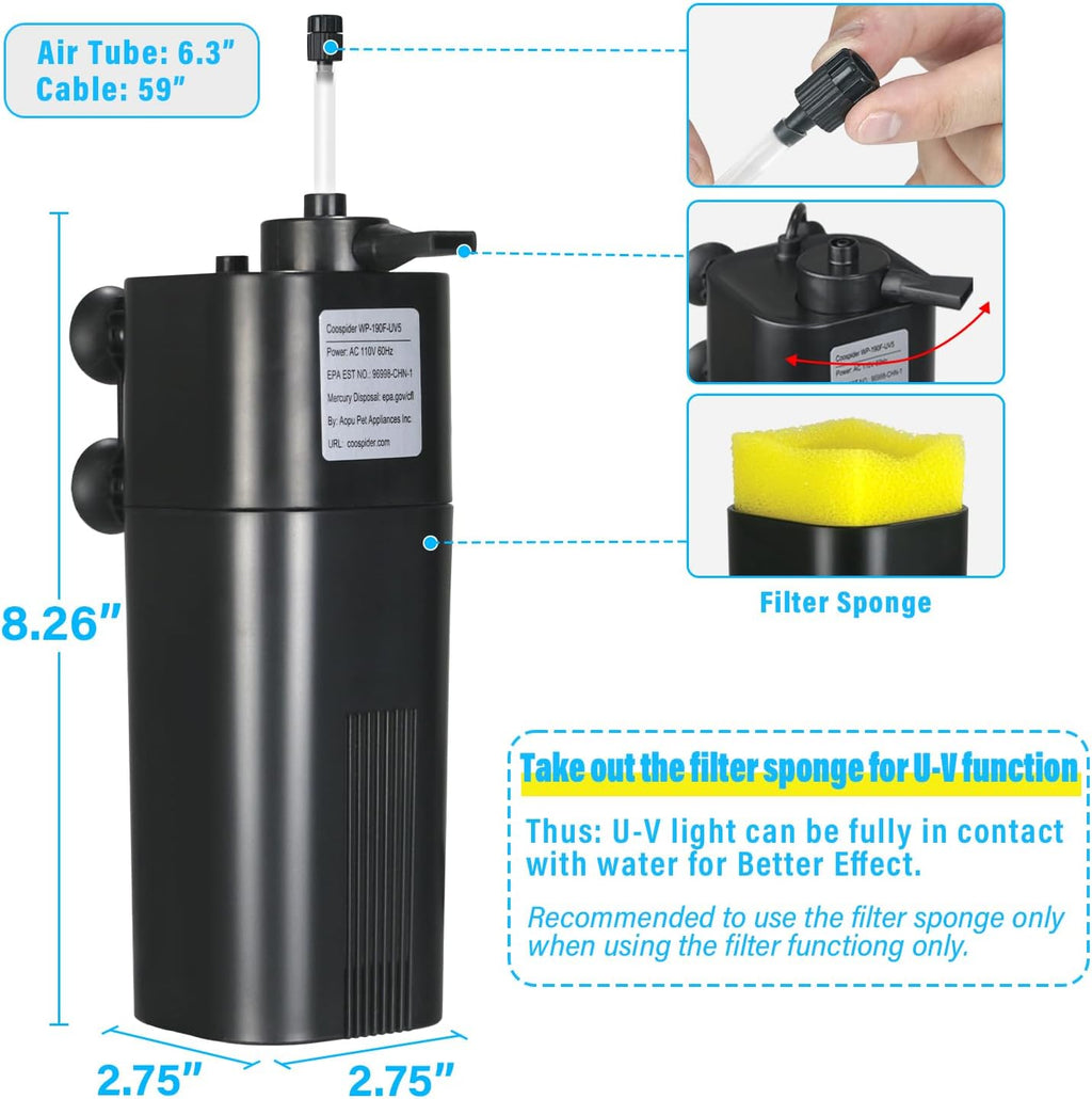 Aquarium U-V Filter for 10-40 gal, 132 GPH Swirl Turbo Design Submersible Internal Turtle Fish Tank Filter w/Timer, Quiet Power Pump Air Supply Green Clean Machine Saltwater Freshwater Green Killing