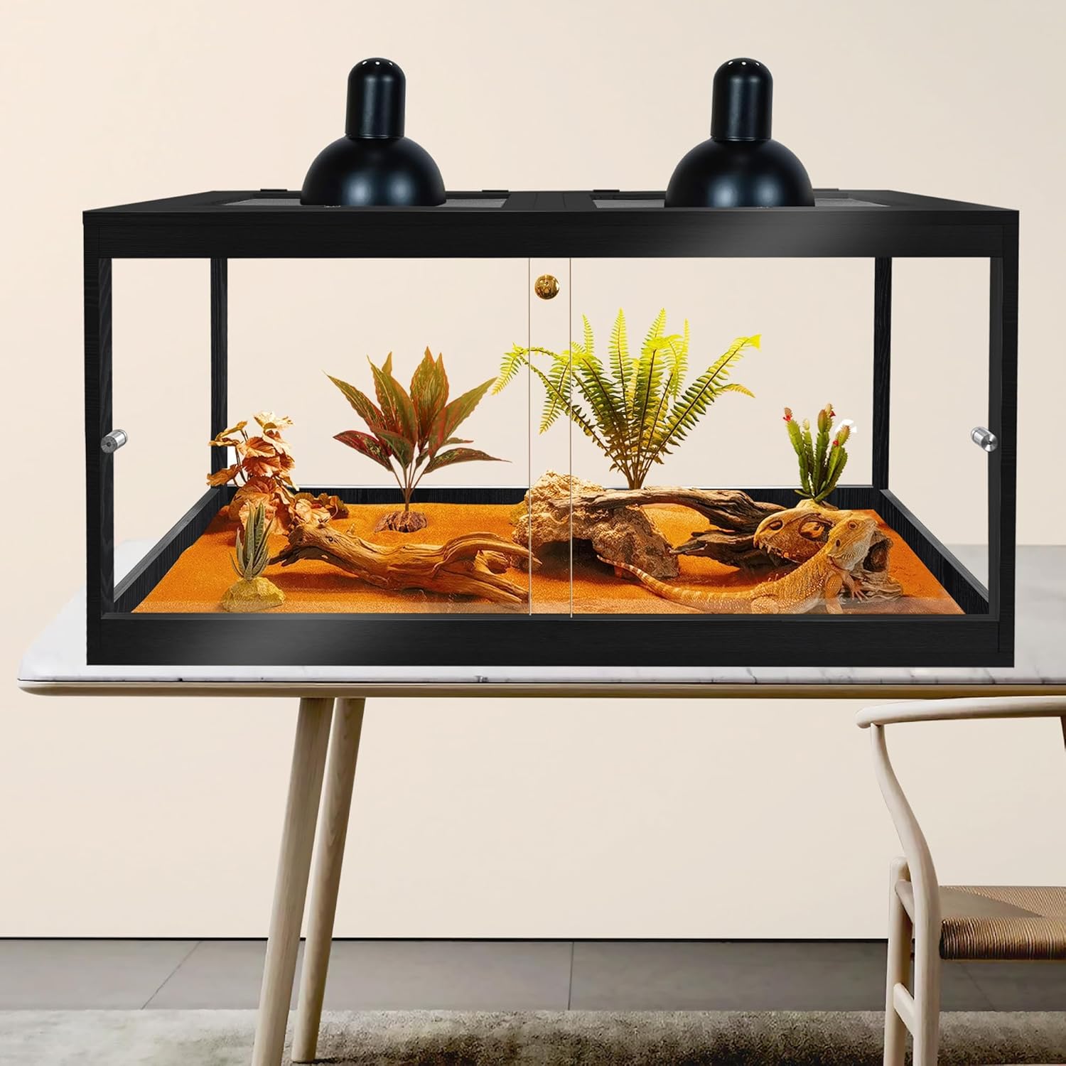 PROLEE Bearded Dragon Tank,60 Gallon Reptile Tank with Meatl Mesh Roof and Front Sliding Door, Lizard Tank,Spacious Reptile Enclosure for Snakes,Lguanas, Chameleons (Black)