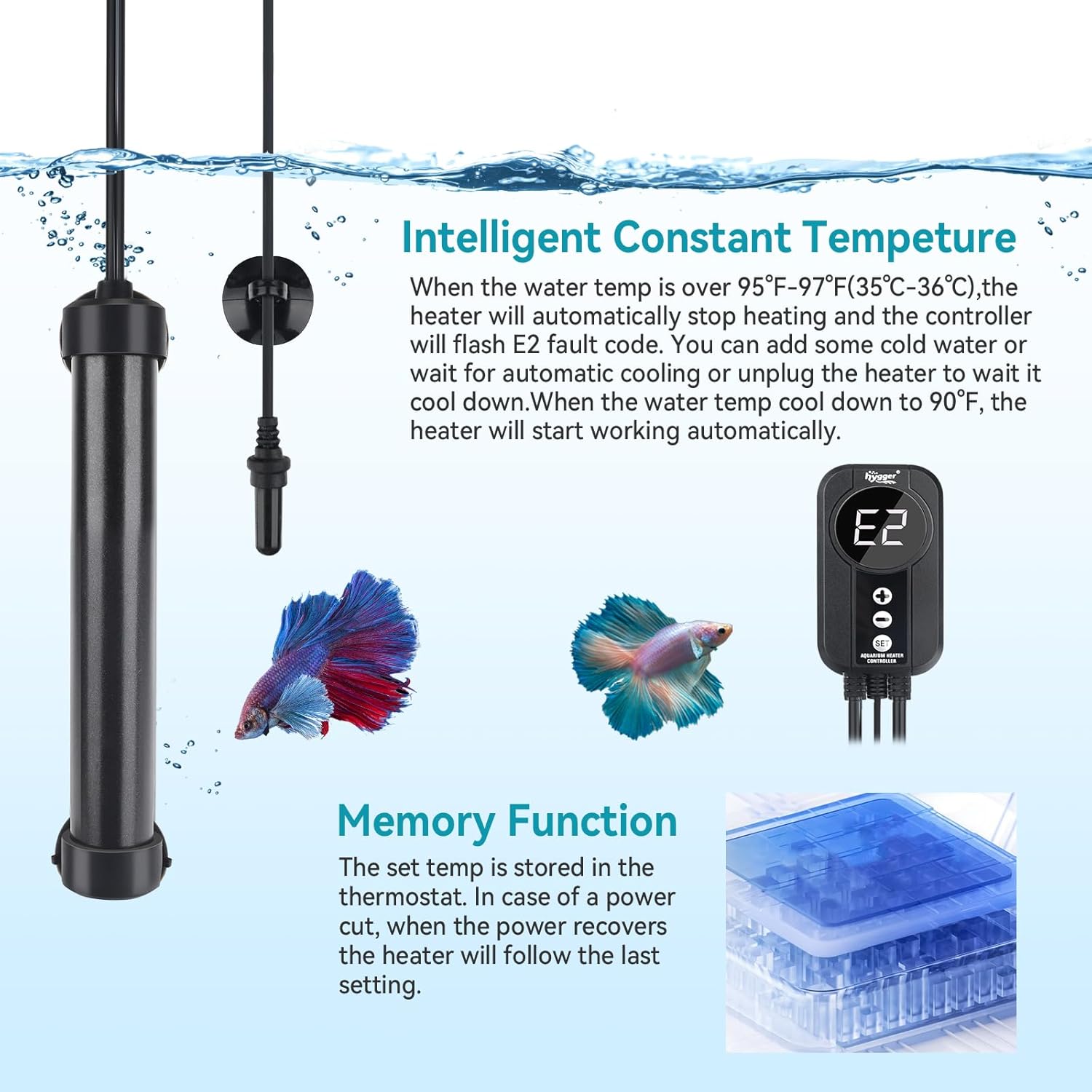 hygger Marine Aquarium Heater 50W 100W 200W 300W 500W,Titanium Heater with Temperature Calibration,Digital LED Controller,Temperature Probe,Submersible Fish Tank Heater for Saltwater Freshwater Tank