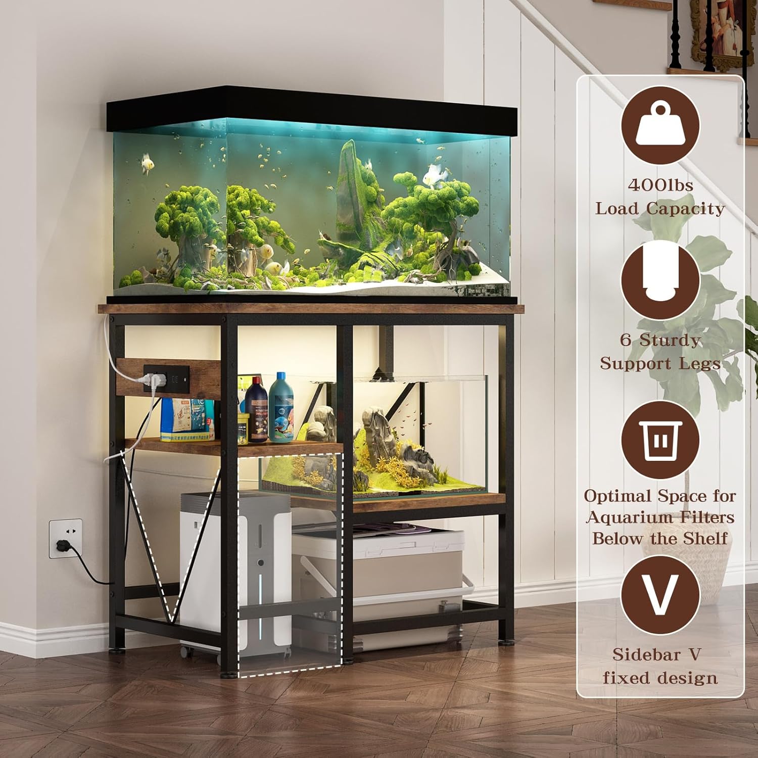 Gallon Fish Tank Stand with Power Outlet Shelves, 30x13 Metal Aquarium Stand for Reptile Tanks, 3-Tier Storage Rack, 400LBS Heavy Duty Capacity (Rustic Brown, 29-37gallon)