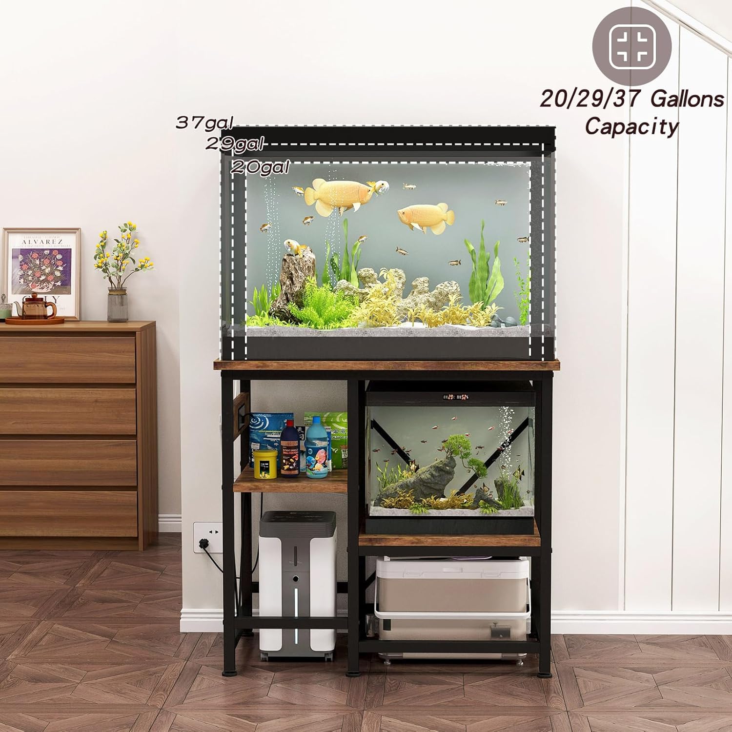 Gallon Fish Tank Stand with Power Outlet Shelves, 30x13 Metal Aquarium Stand for Reptile Tanks, 3-Tier Storage Rack, 400LBS Heavy Duty Capacity (Rustic Brown, 29-37gallon)