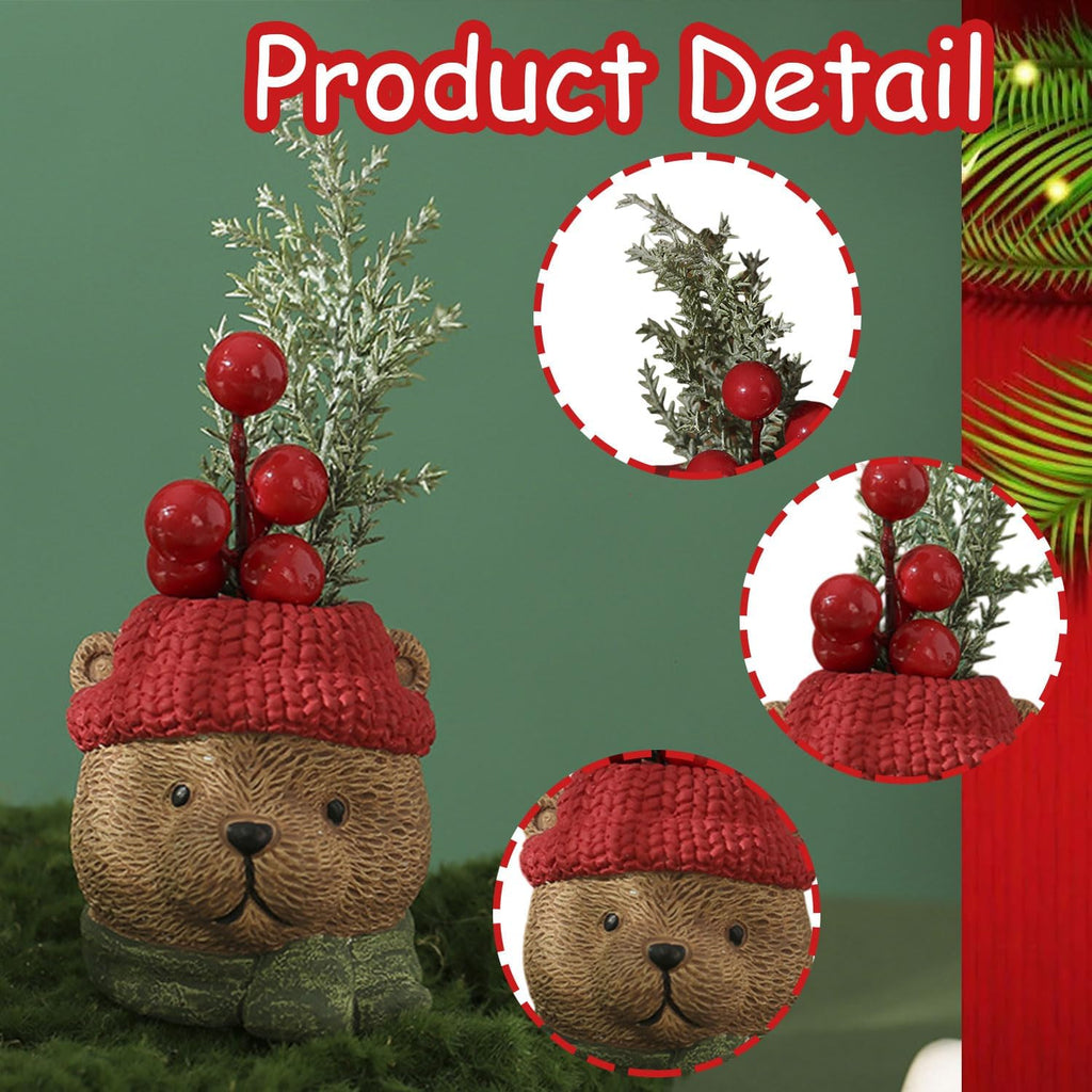 Christmas Table Decorations Artificial Mini Christmas Tree Decorations for Tables Fake Red Berry ＆ Pine Branch with Winter Bear Base Small Xmas Tree Tabletop Decor for Indoor Home Fireplace Mantel