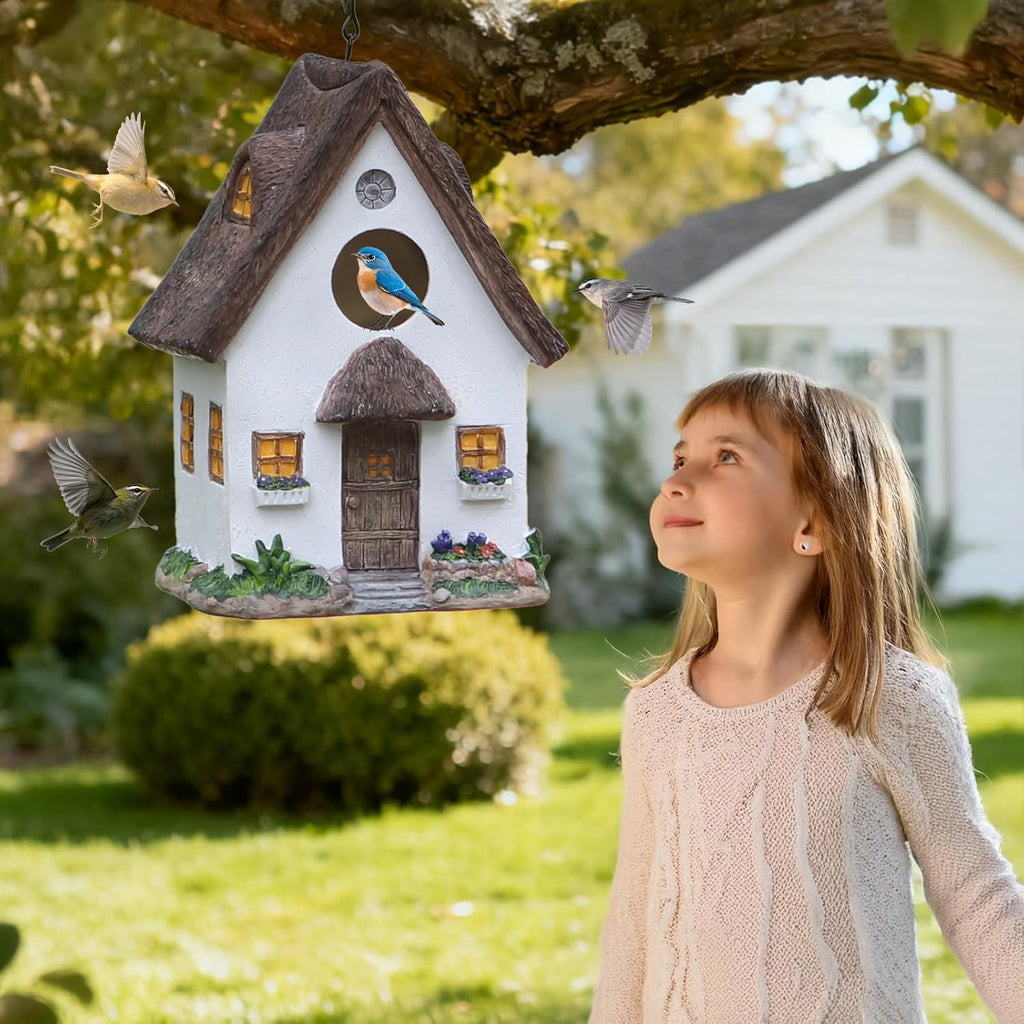 Bird Houses for Outside Rustic Cottage Birdhouse with Thatch Roof – Hand-Painted Resin Bird Houses for Outdoors for Hummingbird Finches Cardinals Bird Nesting Garden, Patio, Yard