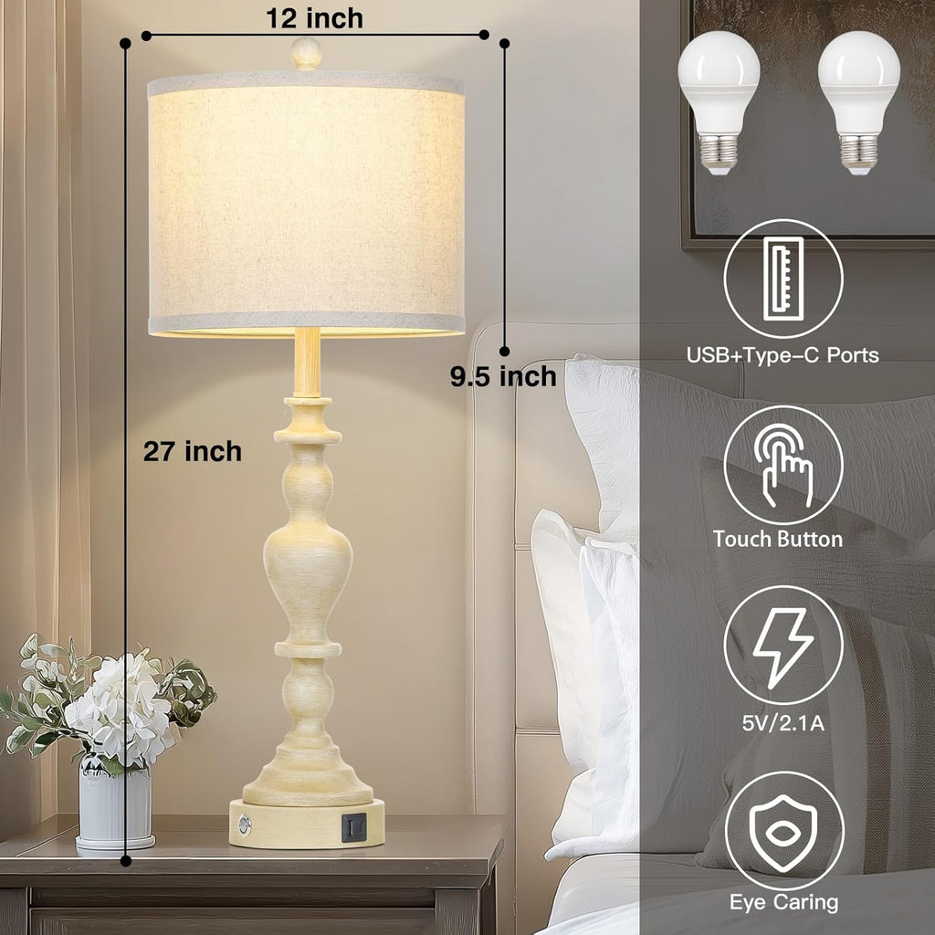 27" Vintage Farmhouse Table Lamps for Living Room Set of 2, Rustic Nightstand Lamps with USB C+A Ports, 3-Way Dimmable Retro Bedside Lamps for Bedroom Office 2 LED Bulbs Included Washed Antique Beige